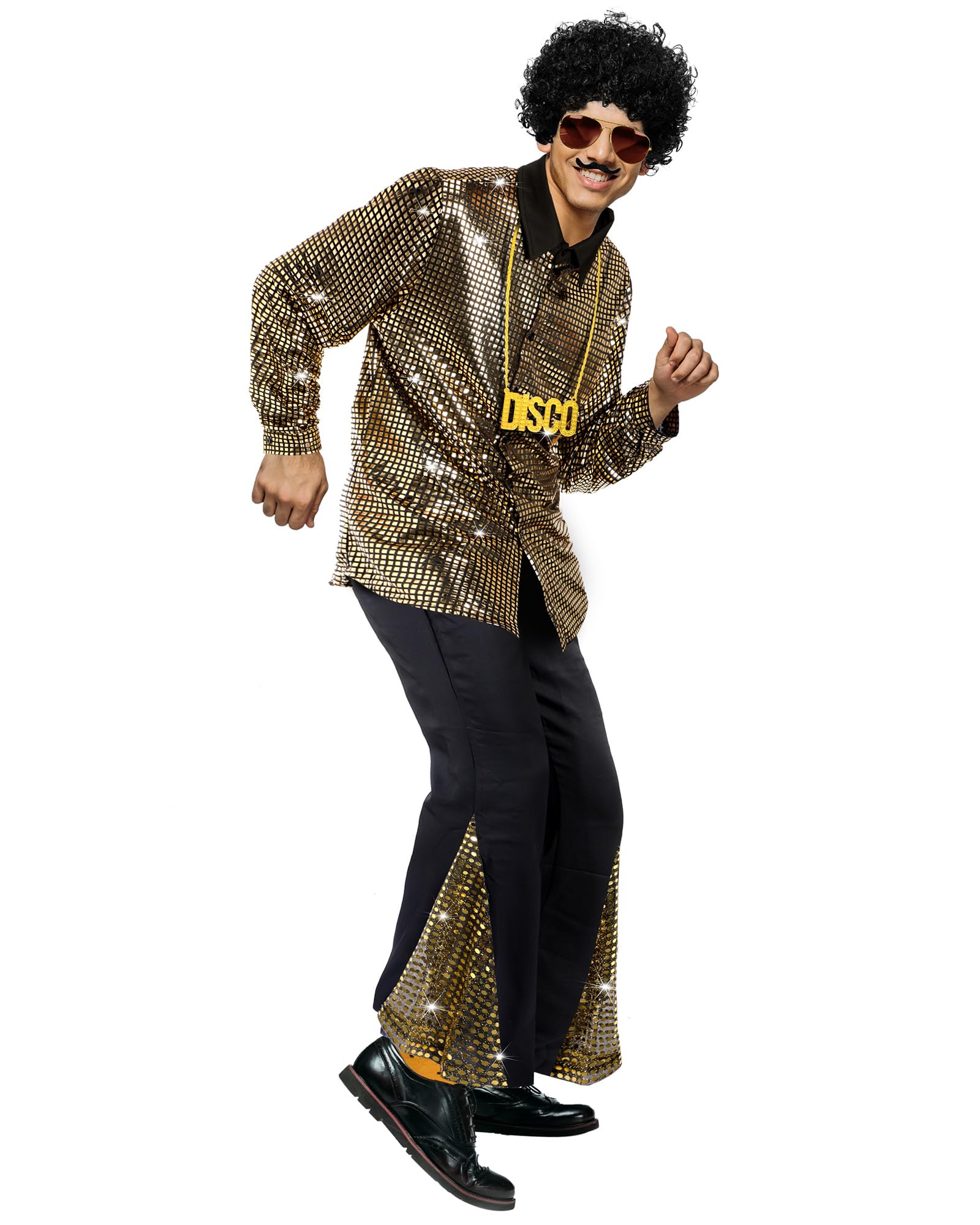 Vintage 70s Disco Costume Set for Men - Bell Bottom Pants, Retro Shirt, Wig, Necklace, Mustache & Sunglasses | 70s Theme Party, Halloween Costume, Disco Dance Outfit