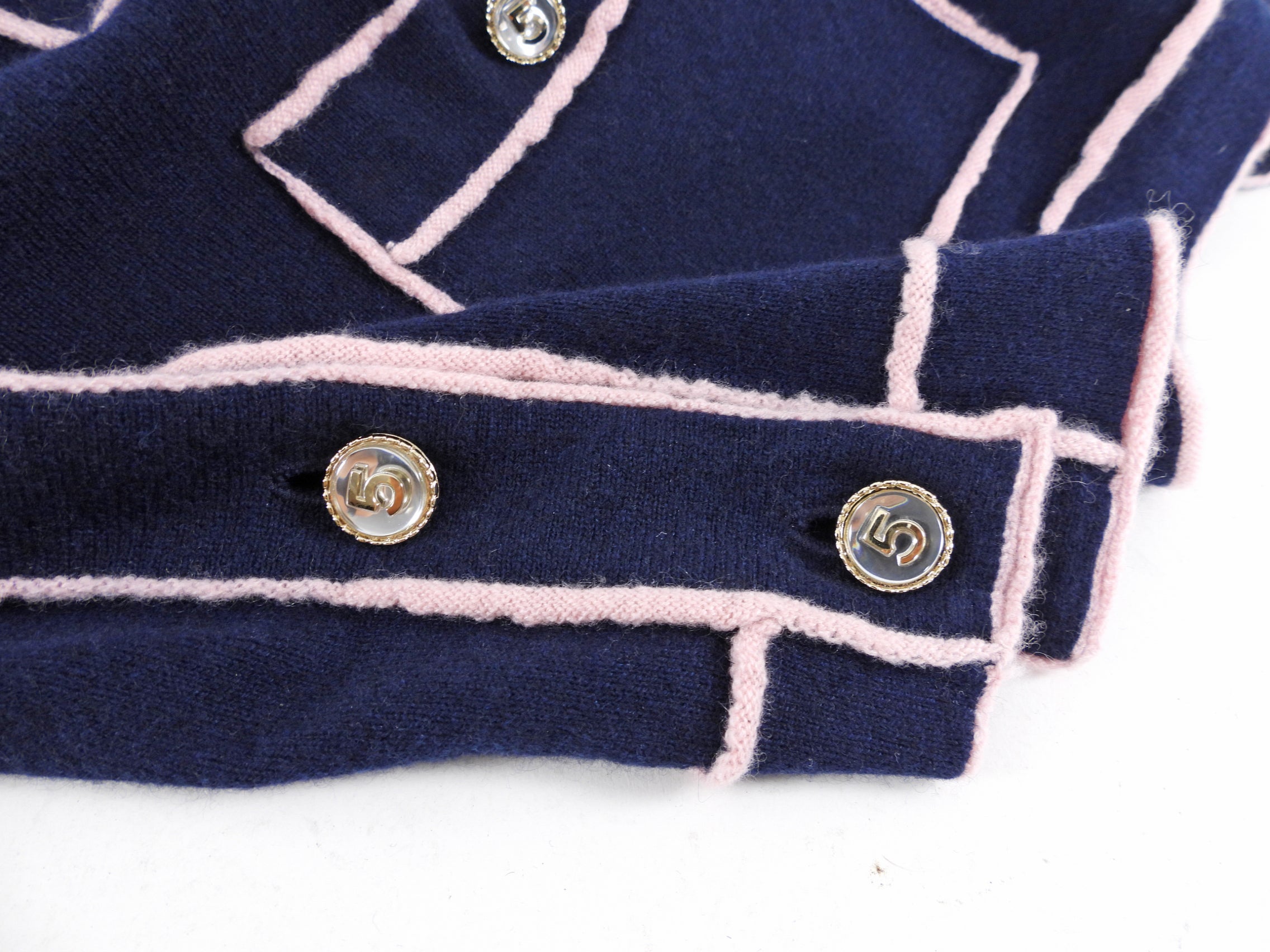 Chanel 21S Navy and Pink No. 5 Cashmere Cardigan Sweater Women's Size FR42 / US10 - Luxury Knitwear for Fall & Winter Fashion, Office Wear & Special Occasions
