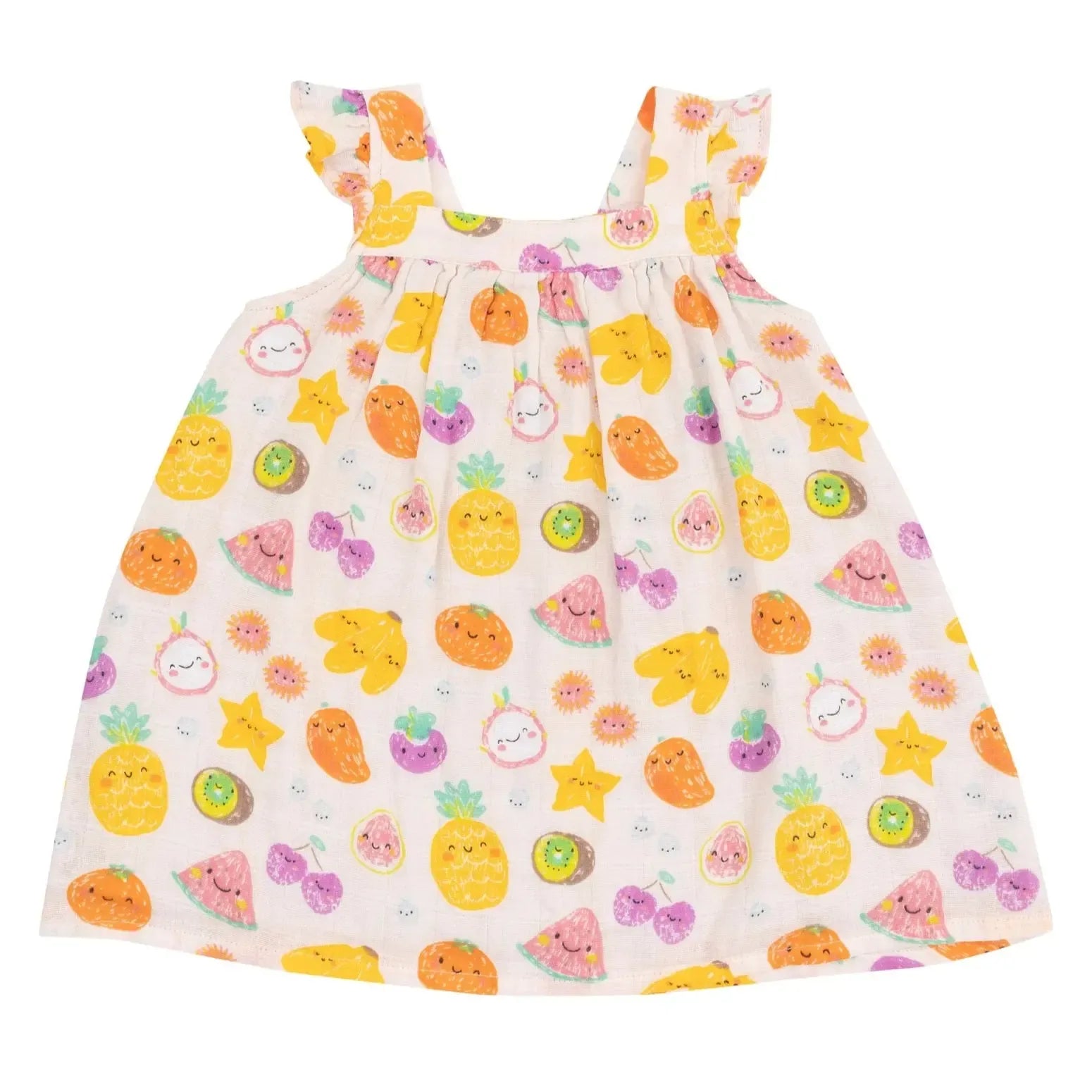 Angel Dear Organic Ruffle Sleeve Baby Dress with Bloomer Set - Tropical Fruit Print - Soft Cotton Outfit for Girls' Photoshoot, Birthday Party & Special Occasions