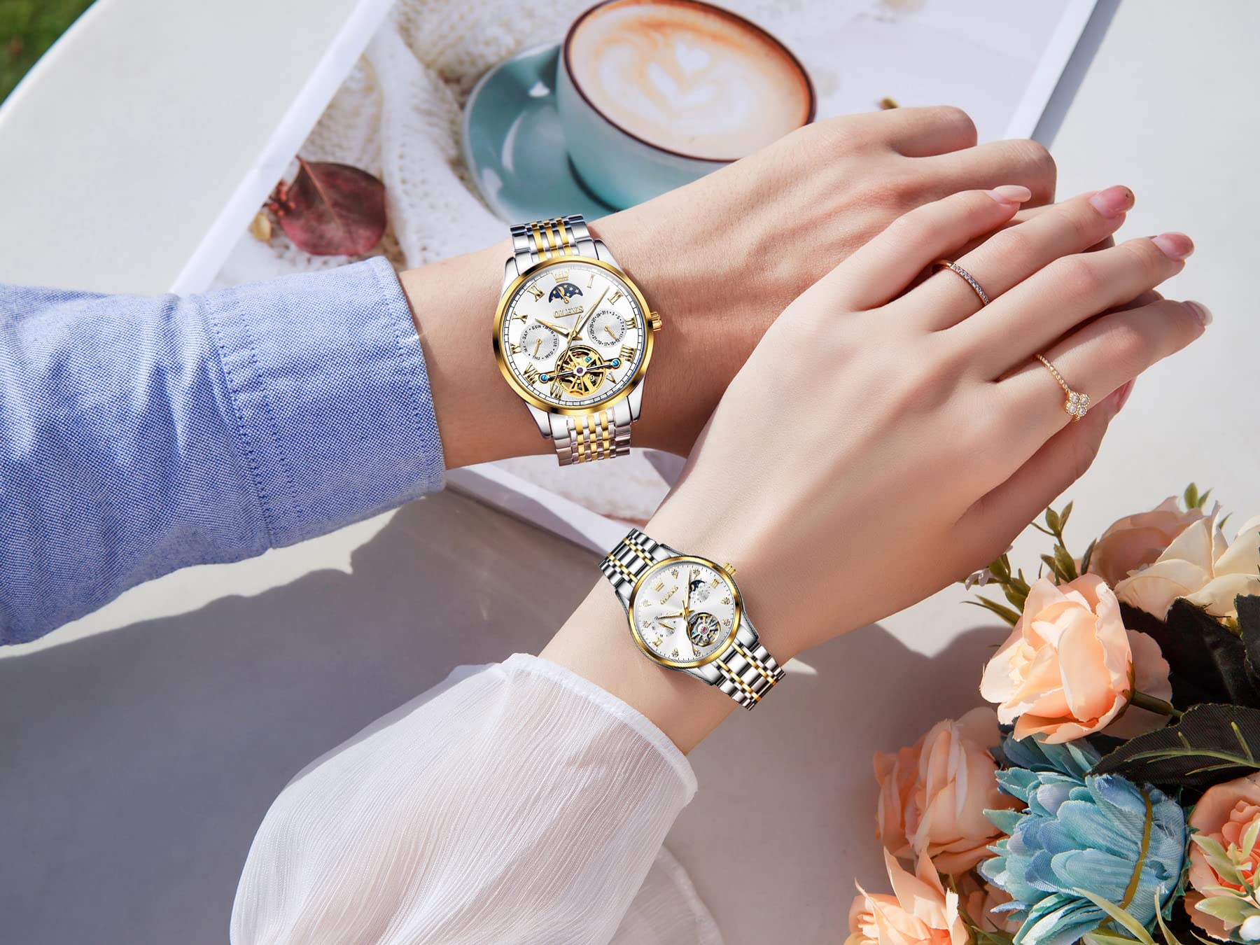 OLEVS Automatic Self-Winding Couple Watches Set - Luxury Matching Dress Watches for Men & Women - Perfect Anniversary & Wedding Gifts for Him and Her - Ideal for Date Nights, Formal Events & Romantic Occasions