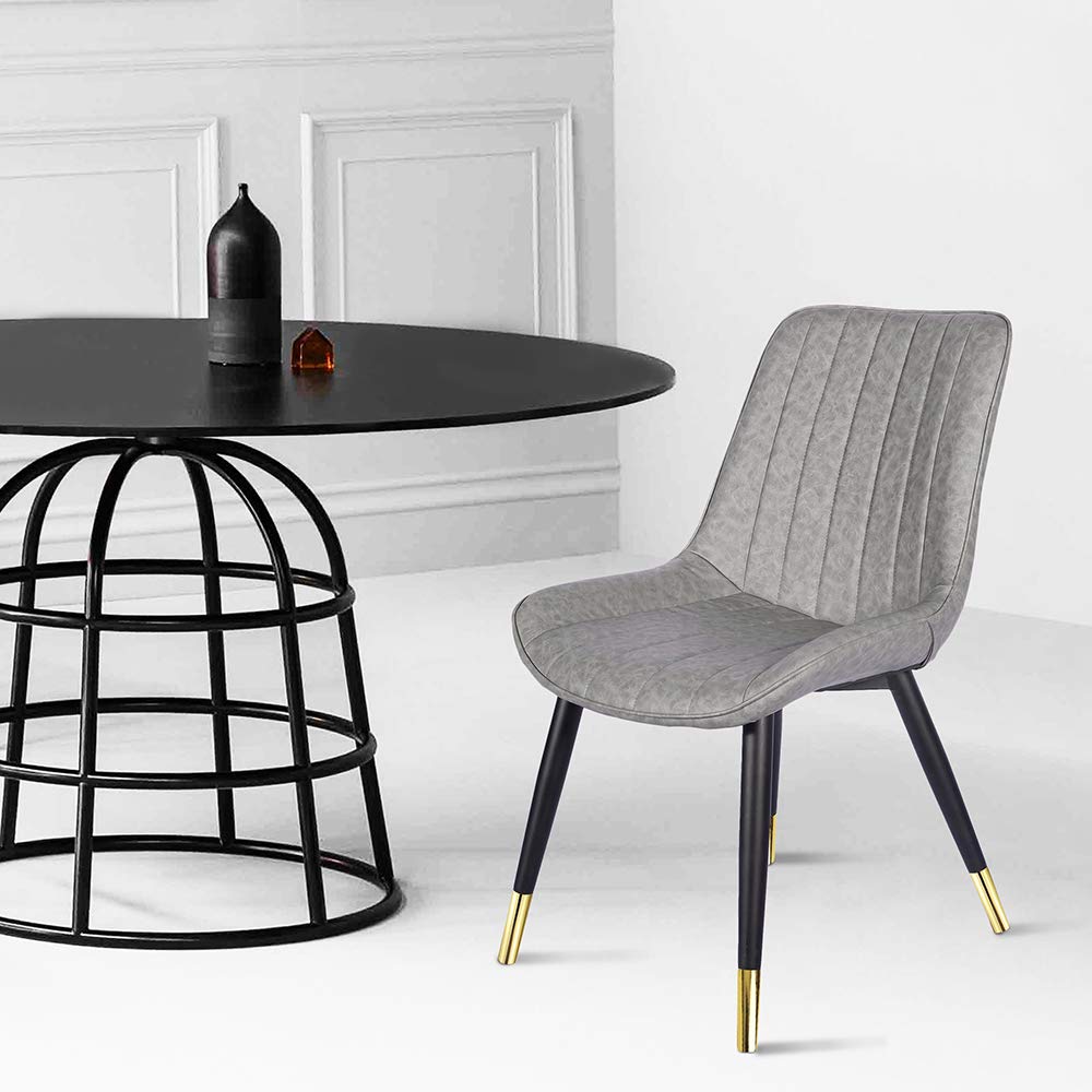 Modern Gray Leather Dining Chairs with Gold-Tipped Metal Legs - Set of 2 Upholstered Kitchen Chairs for Dining Room, Living Room & Bedroom | Elegant Home Decor for Indoor Entertaining & Family Gatherings
