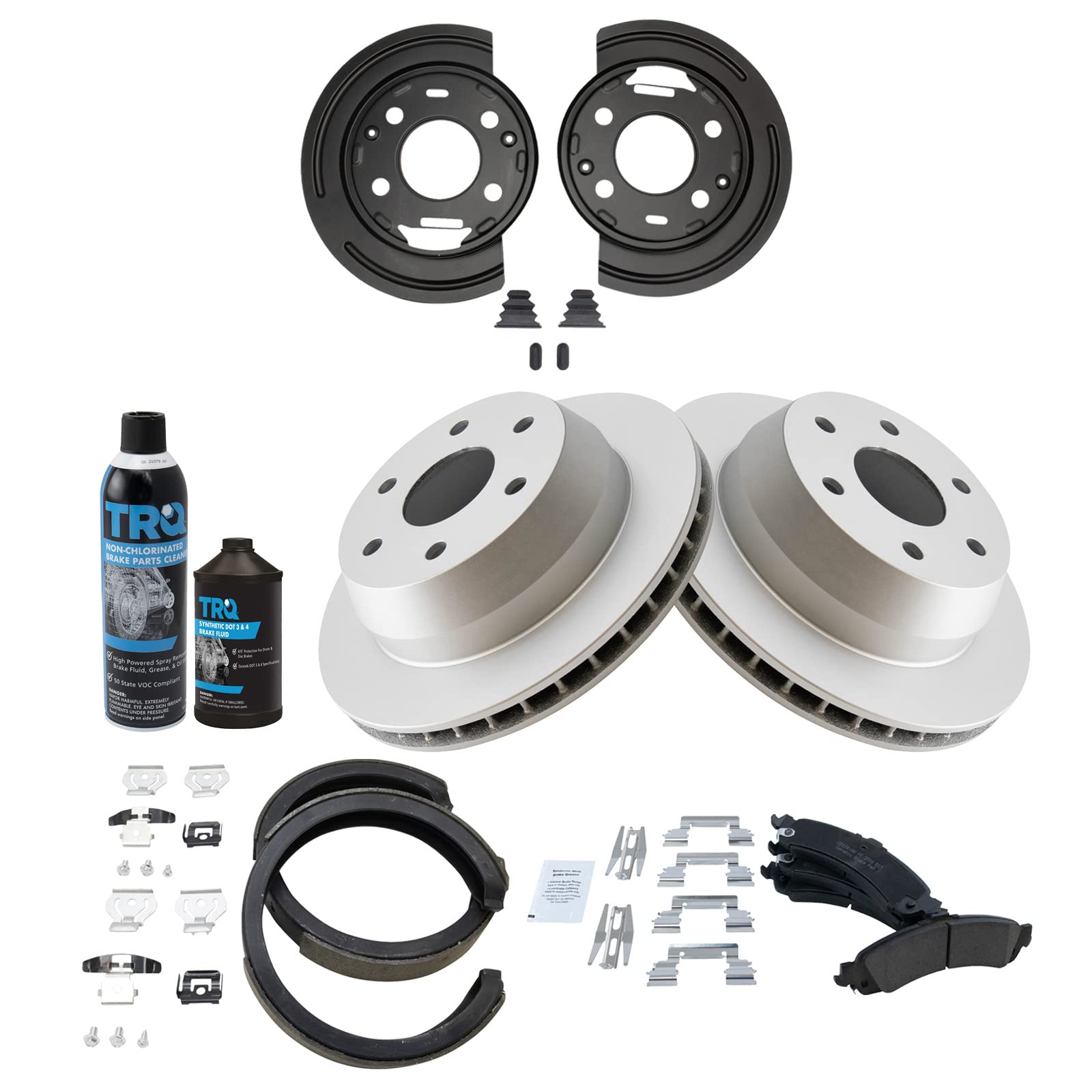 TRQ Rear Ceramic Brake Pads & Coated Rotors with Parking Brake Shoes & Backing Plates - Compatible with GM Vehicles (Chevy, GMC, Cadillac) - Perfect for Truck & SUV Brake System Maintenance