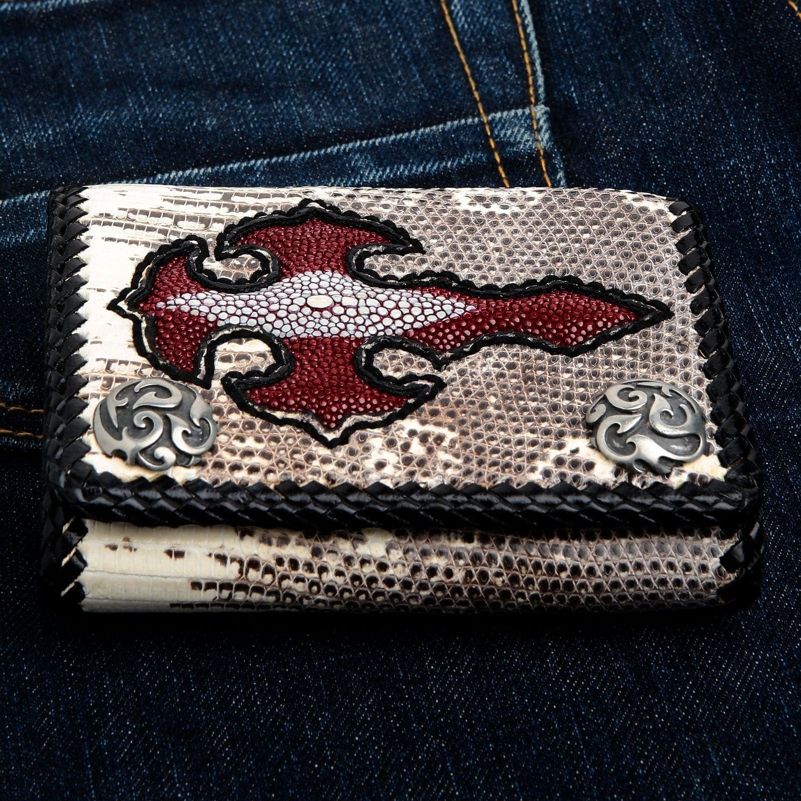 Red Stingray Gray Leather Cross Biker Wallet for Men - Slim RFID Blocking Motorcycle Wallet with Money Clip - Perfect for Riding, Travel & Everyday Use