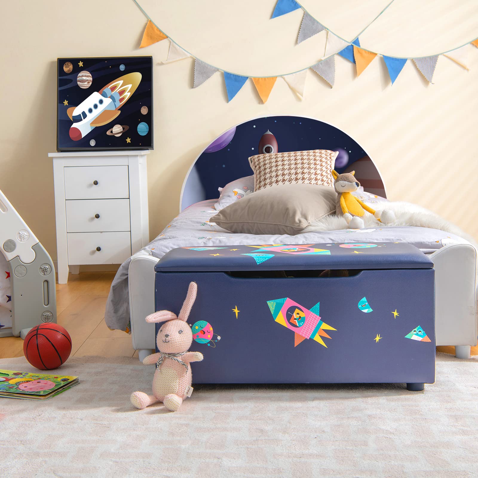 HONEY JOY Kids Wooden Toy Storage Box - 2-in-1 Large Toy Chest with Padded Seat, Carry Handles & Faux Leather Cover - Nursery, Bedroom, Playroom Organizer - Perfect for Toy Storage and Extra Seating in Kids Rooms (Astronaut Design)