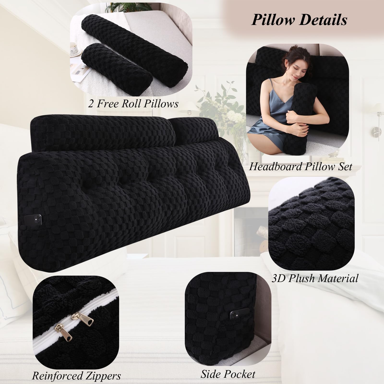 **Wedge Headboard Pillows Set - Long & Short Bolster Pillows for Bed Backrest, Sitting Comfort - Perfect for Reading, Watching TV, or Relaxing in Bed**