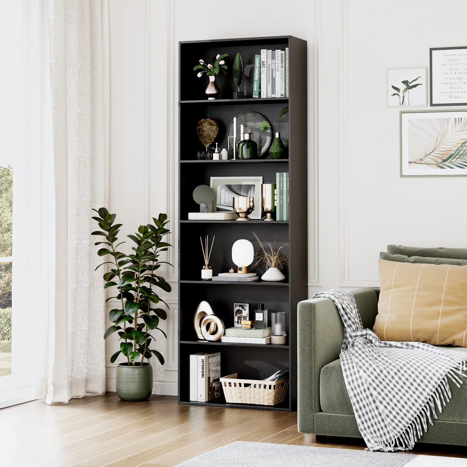 FOTOSOK 6-Tier Open Bookcase & Bookshelf - Freestanding Tall Storage Shelf for Bedroom, Living Room & Office - Modern Display Organizer for Books, Decor & Essentials - Black (Perfect for Home, Office & Dorm Organization)