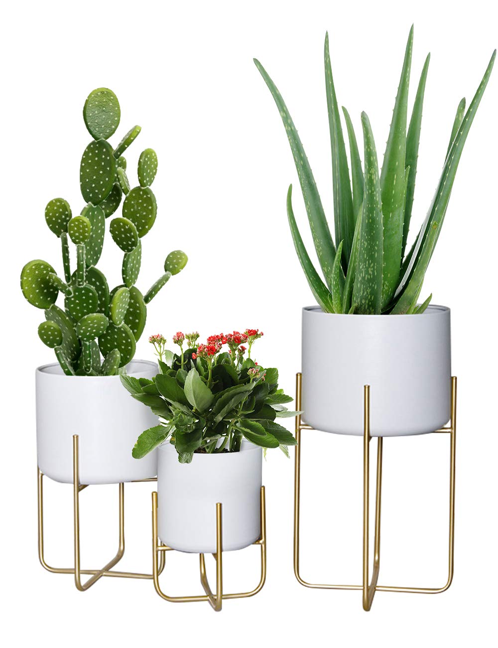 Sinolodo 3-Pack White Floor Standing Planters with Gold Metal Stand - Mid Century Modern Indoor Outdoor Plant Pots for Living Room, Patio, Porch, Garden & Lawn Decor