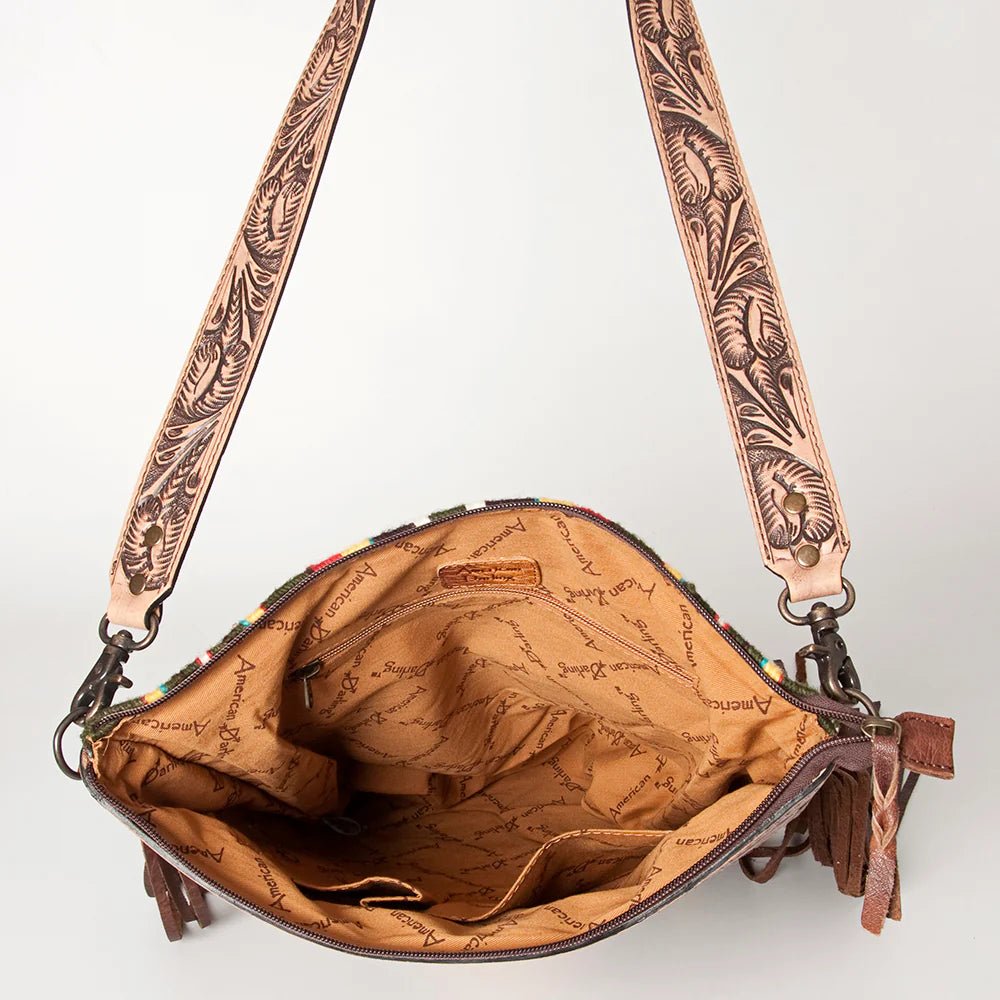 Handcrafted Green Aztec Leather Crossbody Bag for Women - Boho Chic Tribal Purse with Tooled Detailing | Perfect for Festivals, Travel & Everyday Use