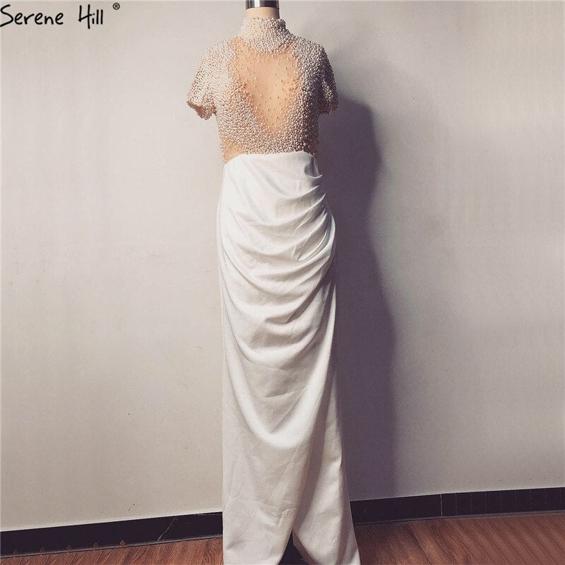 Elegant White Short Sleeve Mermaid Evening Dress 2025 with High Neck & Pearl Beading - Perfect for Prom, Gala & Formal Events - Serene Hill LA70207
