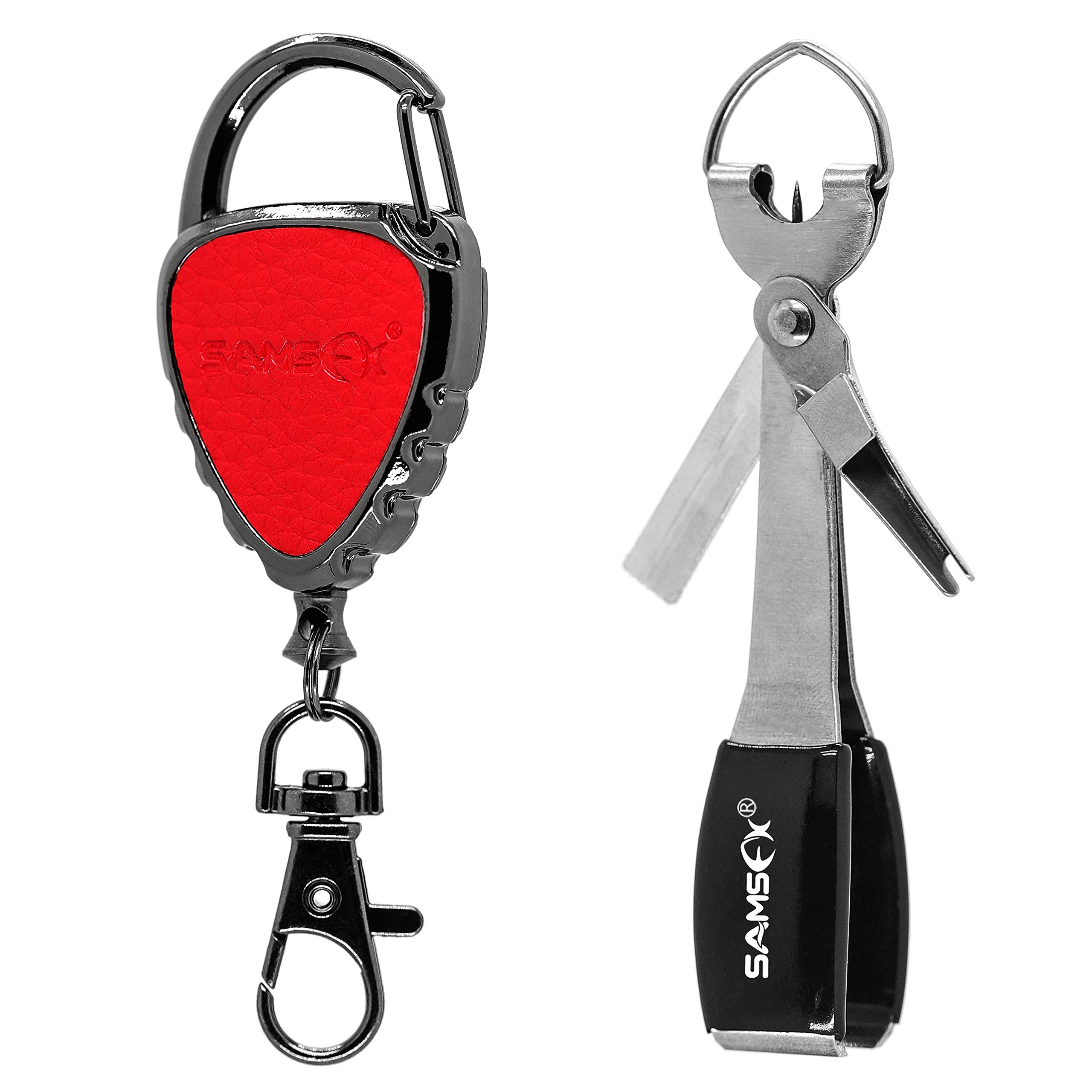 Quick Knot Tying Tool with Carabiner - SAMSFX Fly Fishing Multi-Tool with Zinger Retractor & Magnetic Badge Holder - Perfect for Outdoor Fishing, Camping and Hiking Adventures