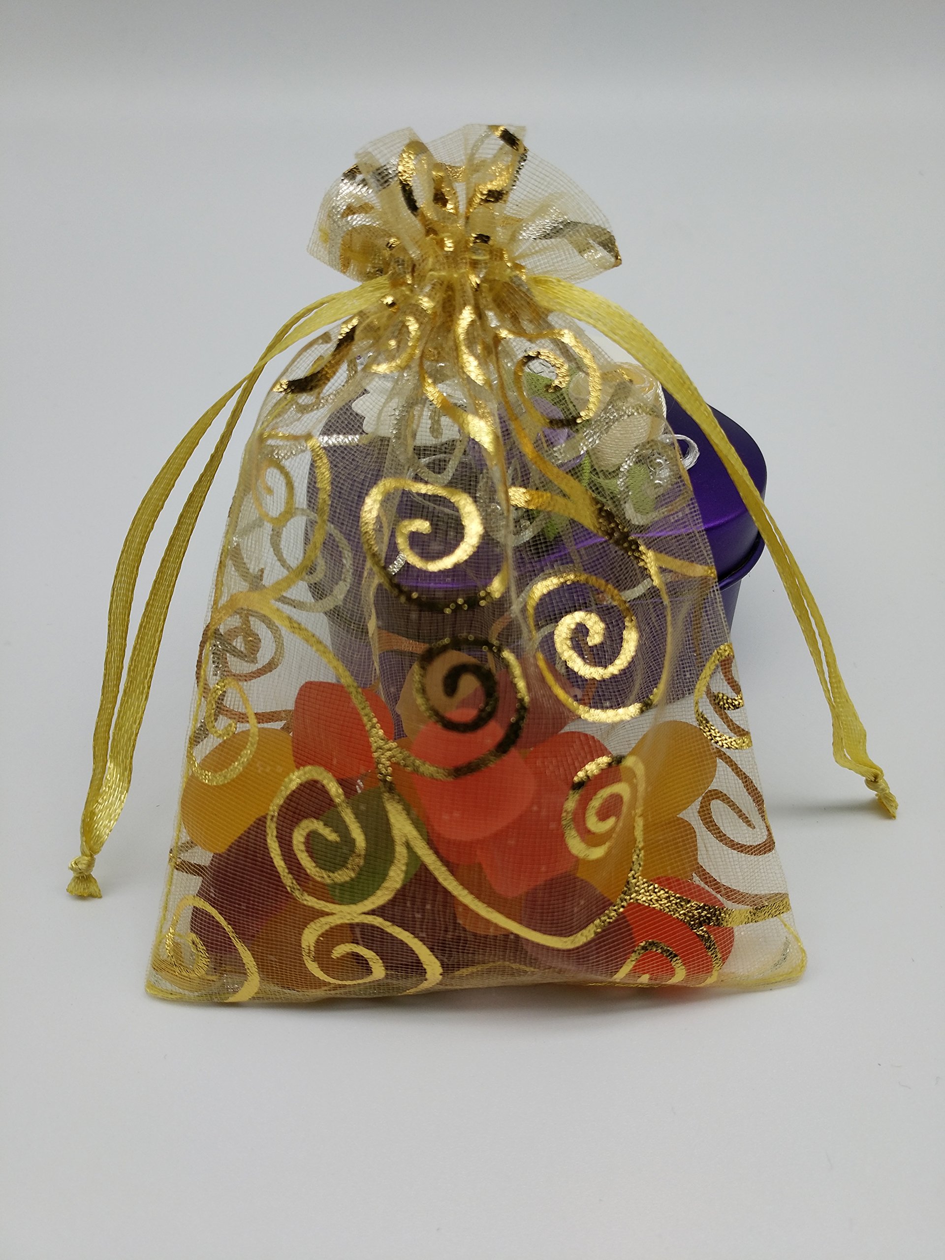 100pcs Sheer Organza Favor Bags 4x6 Inch Gold - Elegant Wedding Gift Bags, Baby Shower Party Favors, Rattan Print Drawstring Pouches for Candy, Jewelry & Small Gifts - Perfect for Bridal Showers, Birthday Parties and Special Events