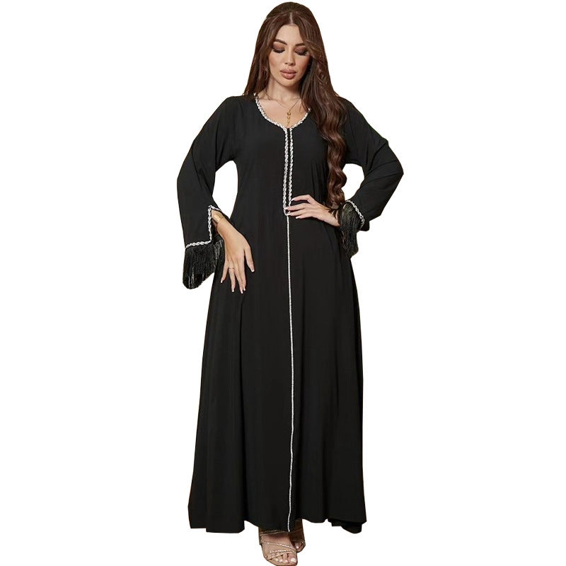 Hotfix Rhinestone Tassel Women's Caftan Kaftan Abaya Dress - Elegant Islamic Fashion for Parties, Weddings & Special Occasions