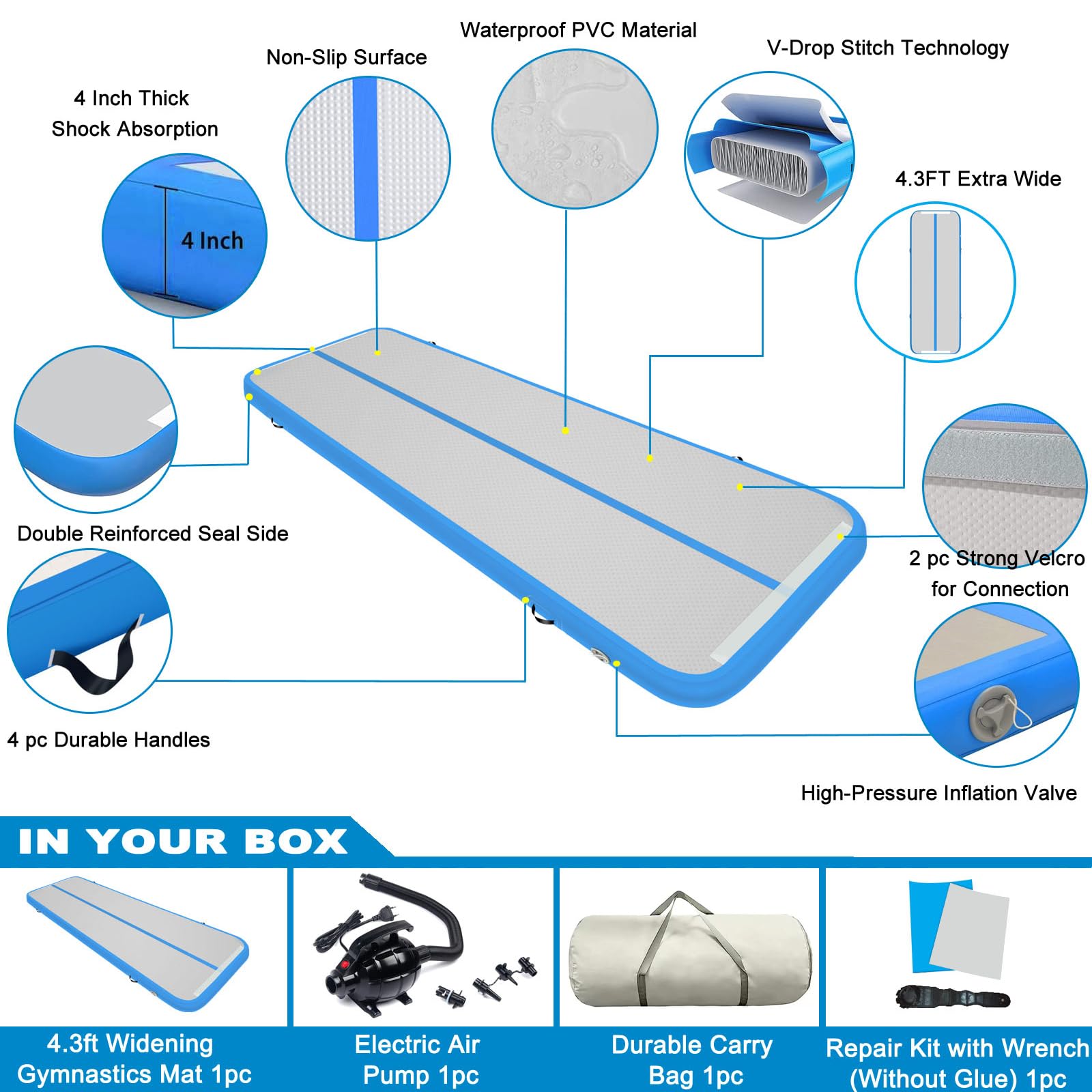 13ft/16ft/20ft Inflatable Air Gymnastics Mat - 4.3ft Wide, 4 Inches Thick Training Mat with Electric Pump for Home Gym, Cheerleading, Yoga & Water Play | Perfect for Kids, Adults & Fitness Enthusiasts