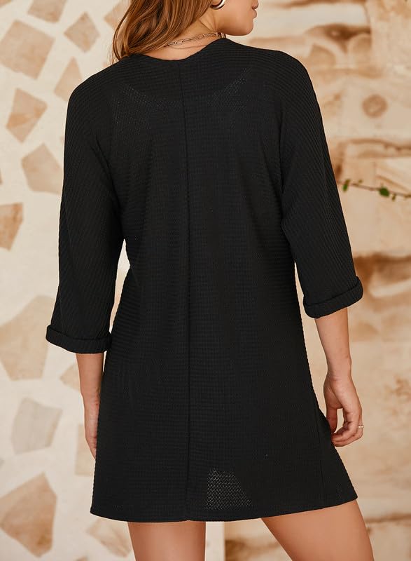 SHEWIN Women's Casual 3/4 Sleeve Open Front Waffle Knit Lightweight Cardigan Sweater - Perfect for Spring & Fall Layering, Office Wear, and Weekend Outfits