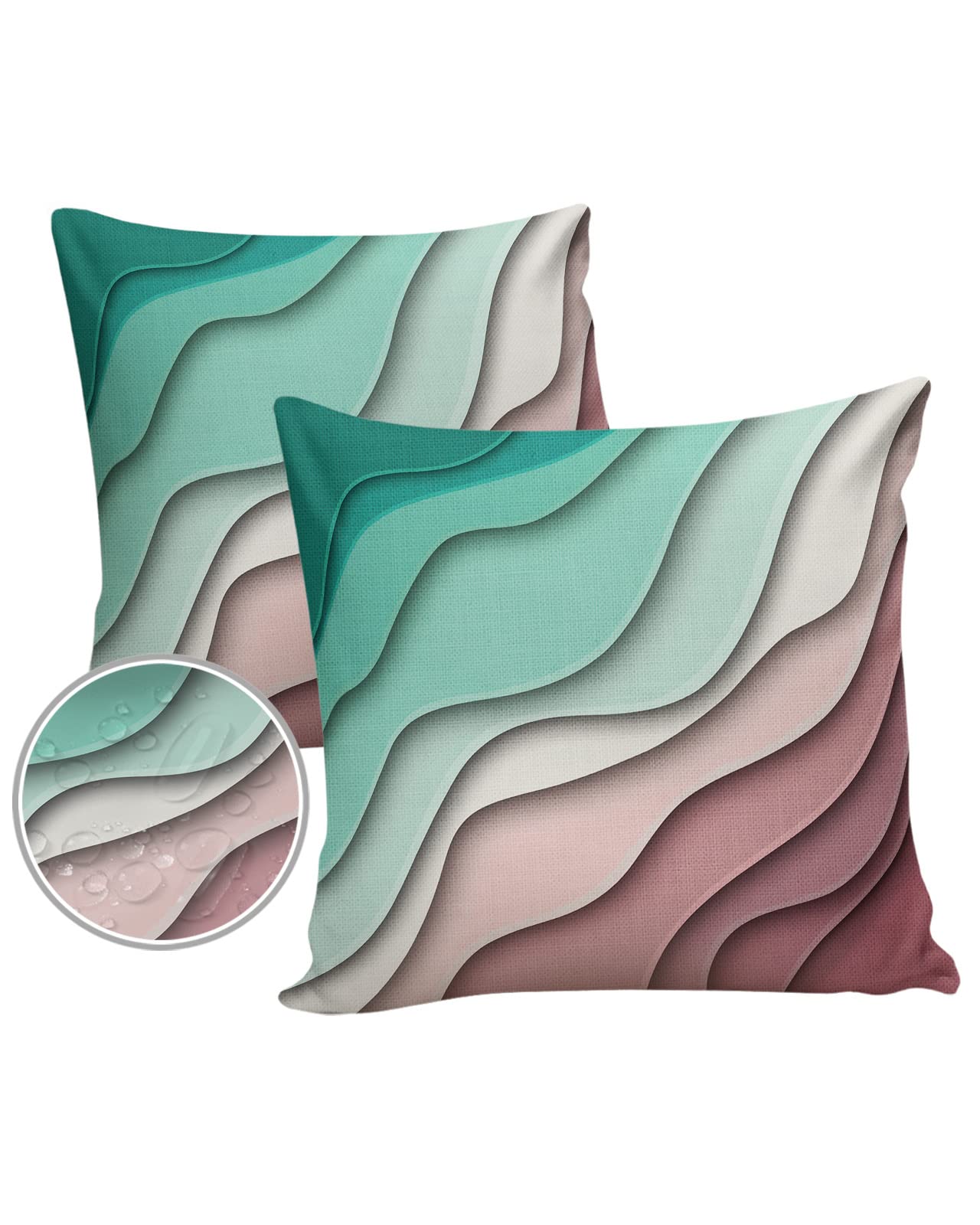 Waterproof Outdoor Throw Pillow Covers - Set of 2 Modern Geometric Lumbar Pillowcases 26x26 Inches, Green Abstract Beach Design for Patio Furniture, Couch & Garden Decor - Perfect for Poolside, Backyard & Coastal Living Spaces