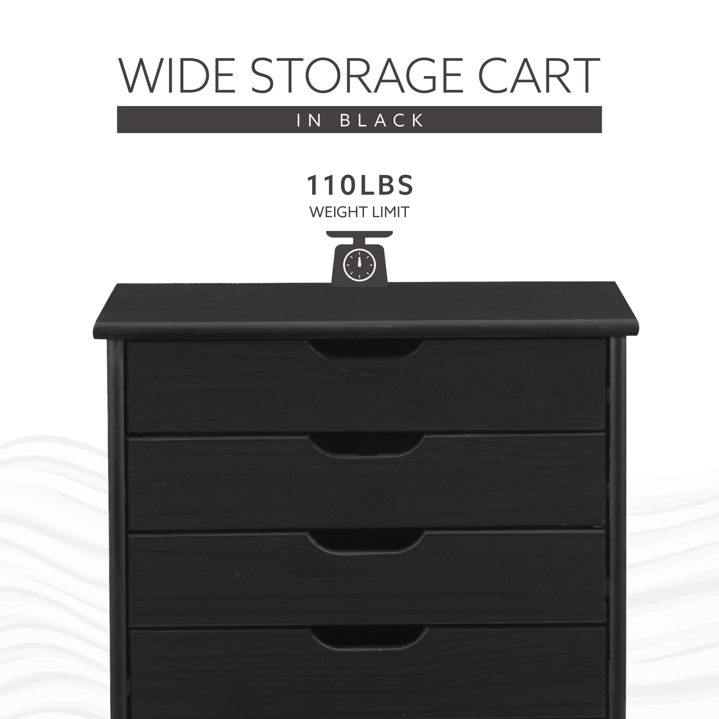 Linon Corinne Black 6-Drawer Wide Rolling Storage Cart - Perfect for Home, Office, and Craft Room Organization