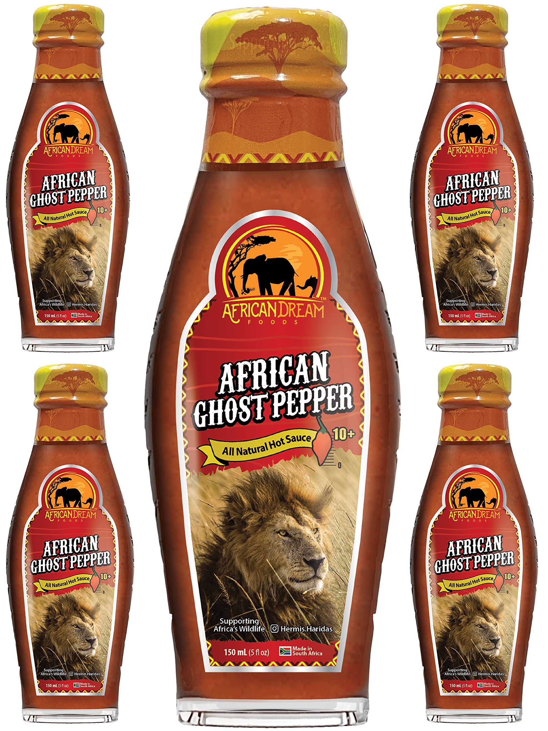African Ghost Pepper Hot Sauce by African Dream Foods - Extremely Spicy Vegan & Non-GMO Sauce (5-Pack, 5 fl oz Glass Bottles) - Perfect for Wings, Tacos, Burgers & Spicy Food Lovers