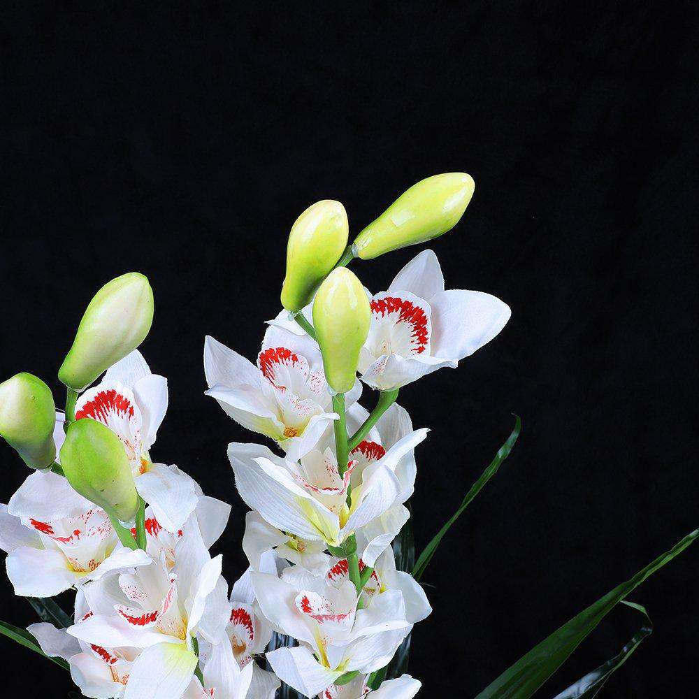 100cm Faux Artificial Silk Cymbidium Orchid Plant - Red & White Home Decor Potted Flower for Living Room, Office, Wedding Centerpiece Decorations