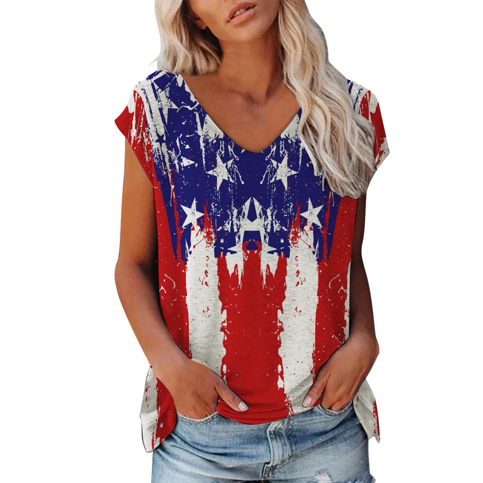 Women's Summer Casual V-Neck Short Sleeve T-Shirt - Flag Printed Blouse for Dressy & Fancy Occasions | Perfect for Beach Outings, Parties and Everyday Wear | Most Wished For Choice