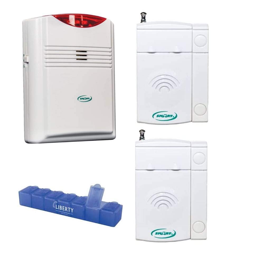 Smart Caregiver Economy Central Monitoring Unit - 2 Pack Wireless Door & Window Sensor Transmitter with Alarm - Includes Liberty 7-Day Pill Organizer - Ideal for Elderly Care, Home Security & Medication Management