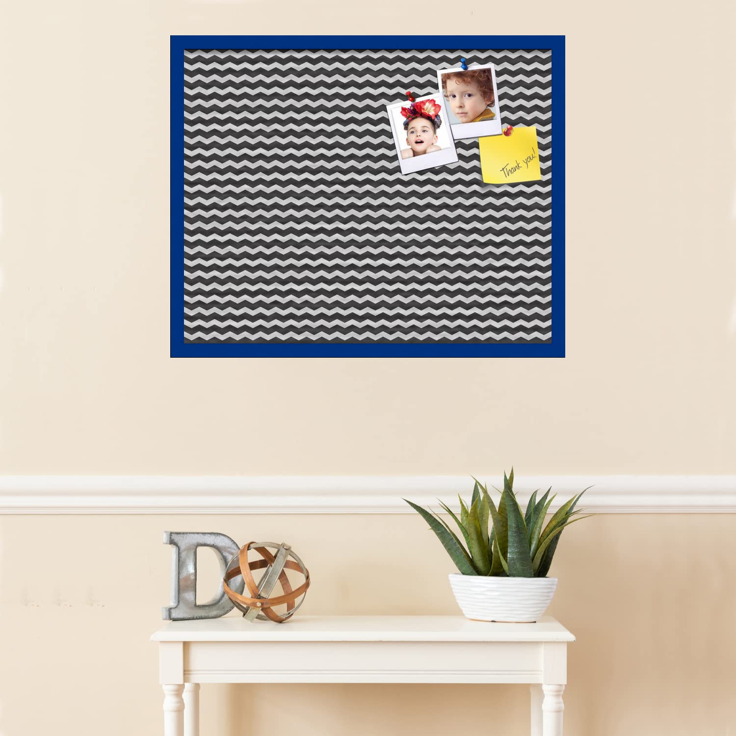 PinPix 30x24 Inch Cork Bulletin Board with Black White Chevron Design & Blue Beech Frame - Decorative Wall Organizer for Home Office, Classroom, or Dorm Room - Perfect for Notes, Photos, and Memos (PinPix-118)