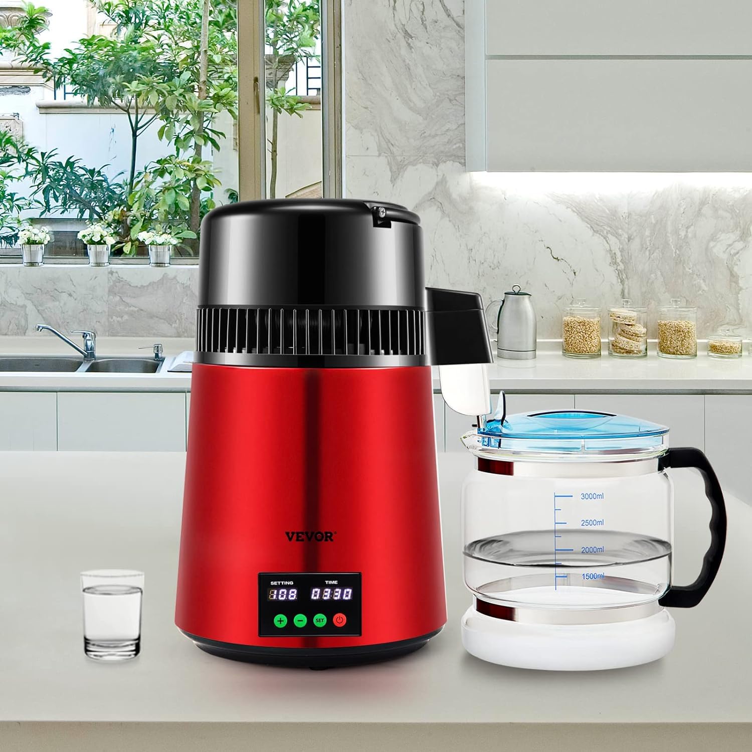 VEVOR 1.1 Gallon Water Distiller Machine with 0.3GPH Output, 750W Countertop Distilled Water Maker with 0-99H Timer & Temperature Display, 304 Stainless Steel & Glass Carafe - Includes Cleaning Powder & 3 Carbon Filters (Red) - Perfect for Home, Office, and Emergency Water Purification