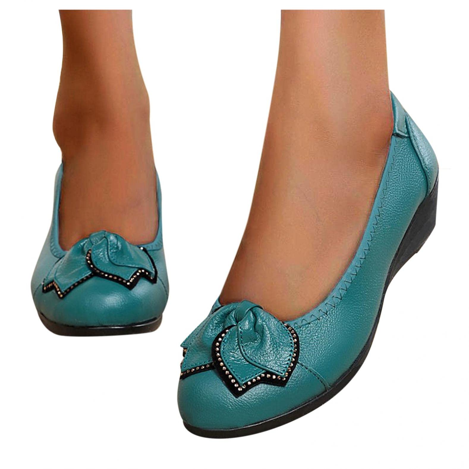 Hbeylia Women's Vintage Boho Wedge Ballet Flats - Rhinestone Flower Embellished Leather Slip-On Loafers with Round Toe & Chunky Heel | Non-Slip Comfort Walking Shoes for Work, Casual Outfits & Fall Fashion