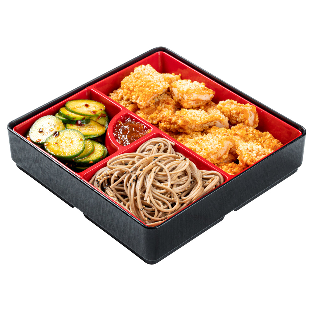 Japanese Style Bento Box - Square Black & Red 4-Compartment Lunch Box (8.25