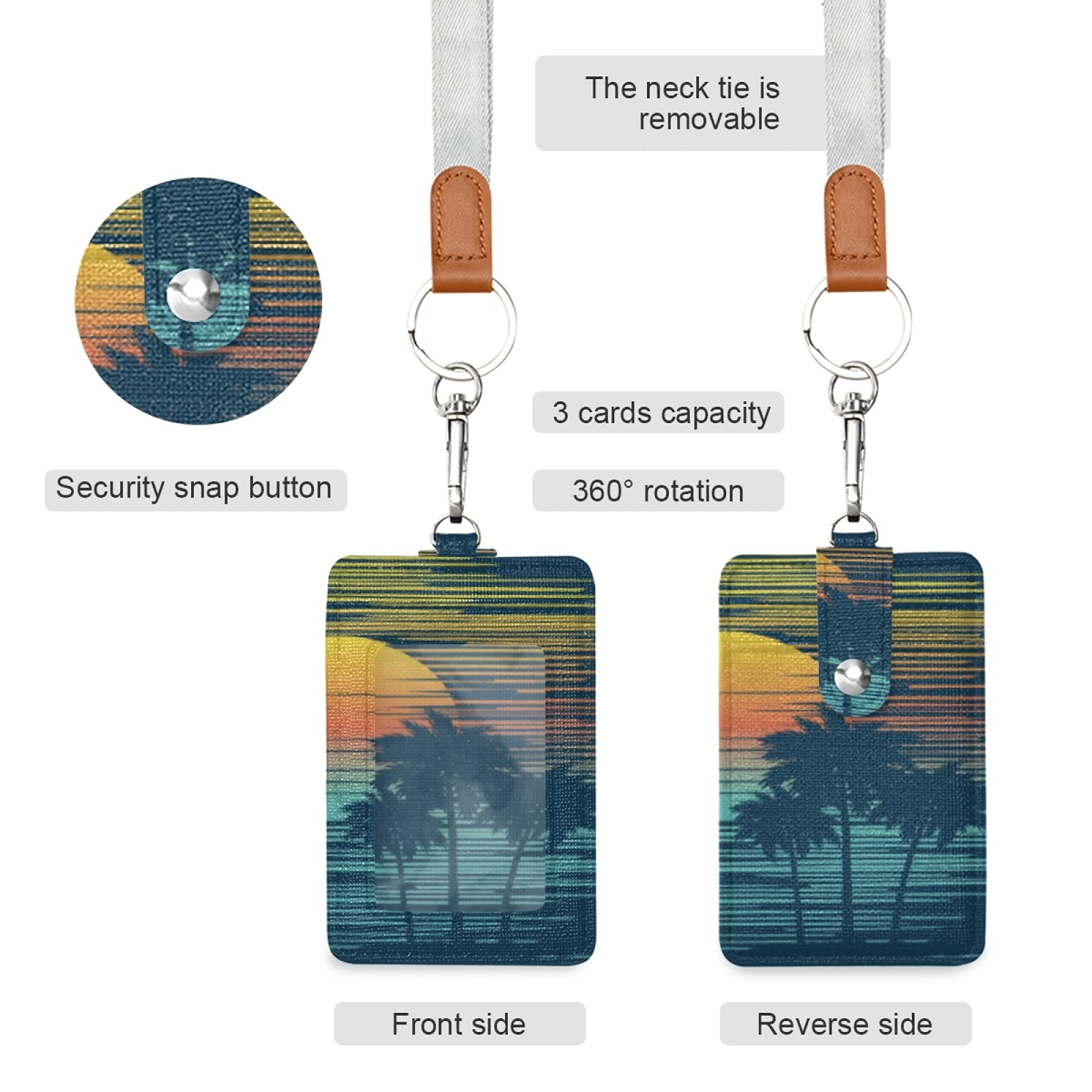 Tropical Palm ID Badge Holder - Vertical Leather with Lanyard for Office & School Staff