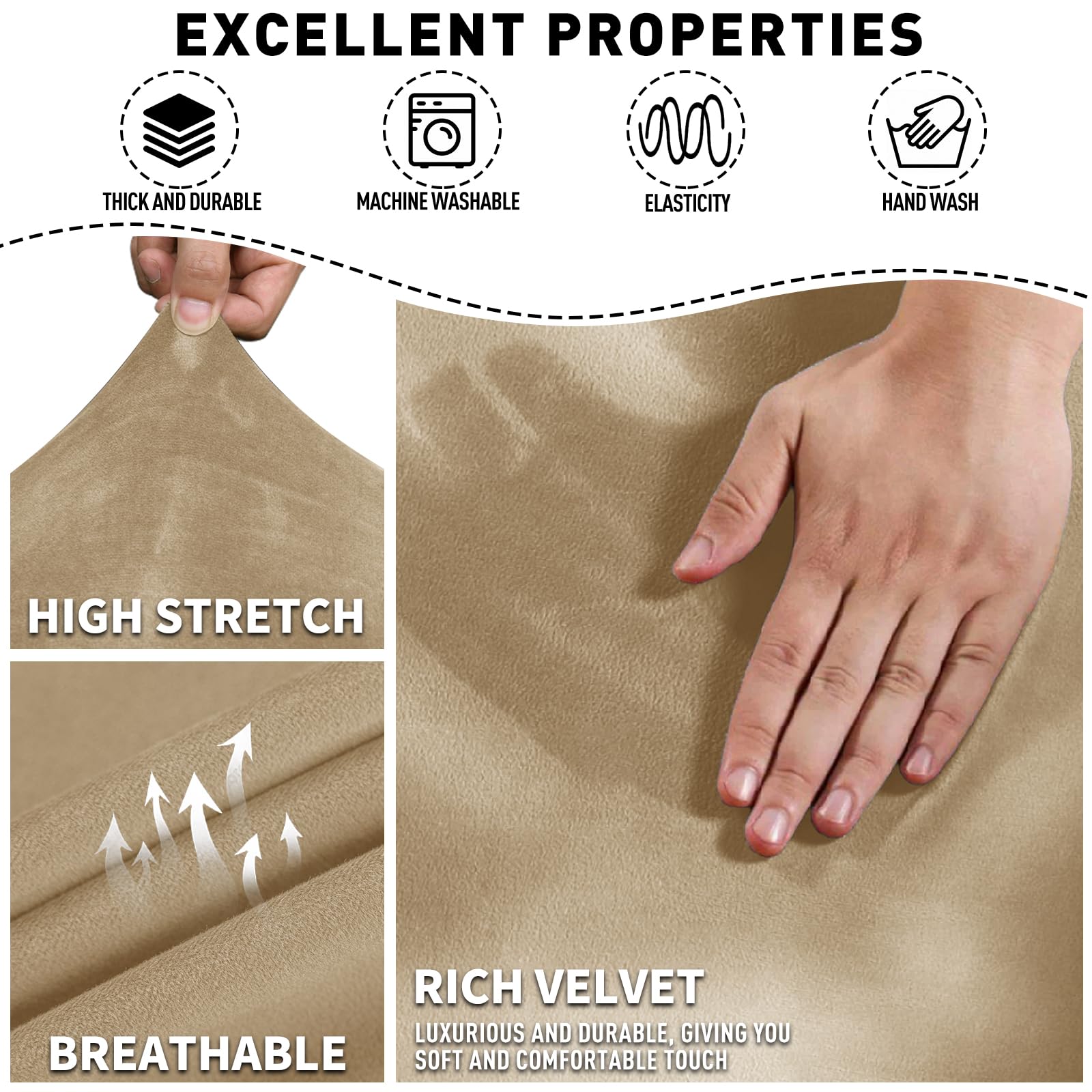 MAXIJIN 8-Piece Stretch Velvet Recliner Sofa Cover Set - Soft, Thick & Washable Slipcovers for 3-Cushion Reclining Couches (Camel Color) - Perfect for Living Room, Home Theater & Family Room Furniture Protection