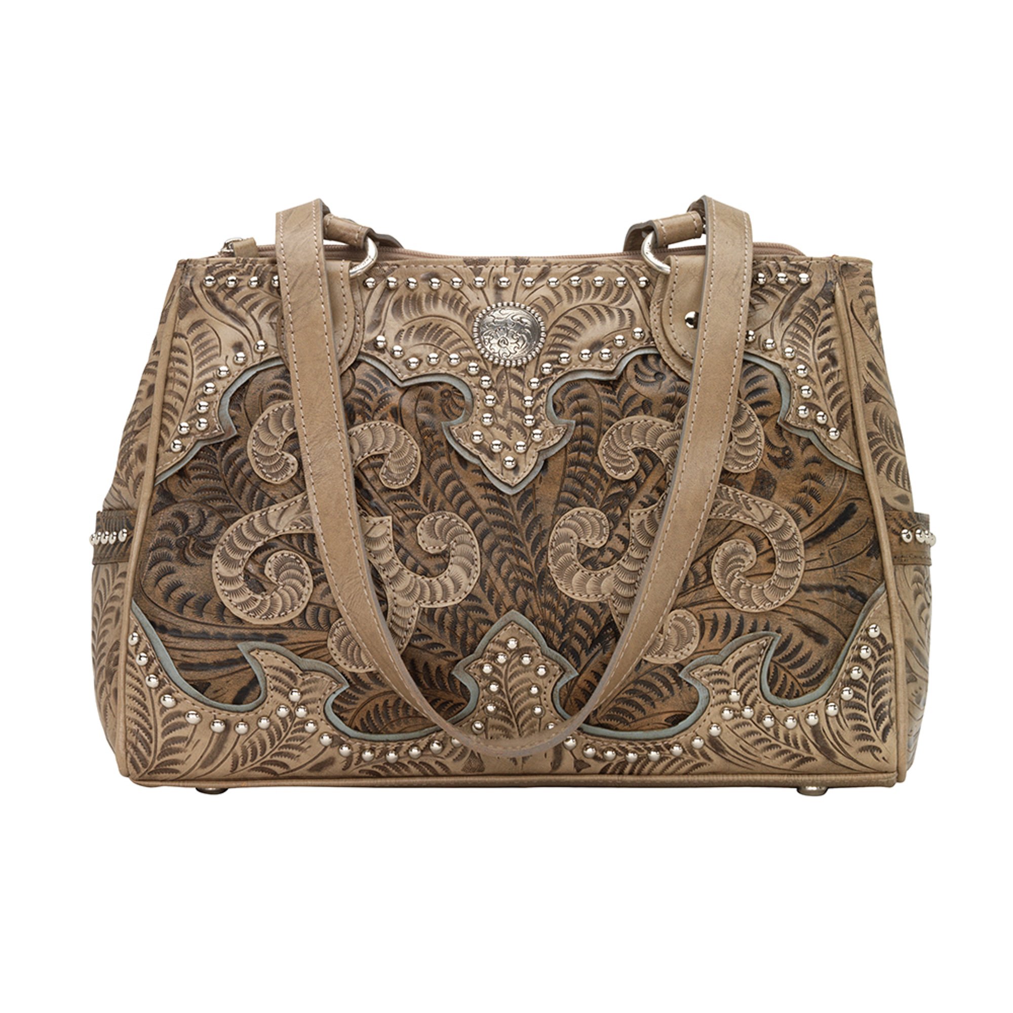 American West Women's Hand-Tooled Leather Concealed Carry Tote Bag - Multi-Compartment Purse with Hidden Gun Pocket - Perfect for Everyday Carry, Travel & Concealed Weapon Protection (Sand Color, One Size)