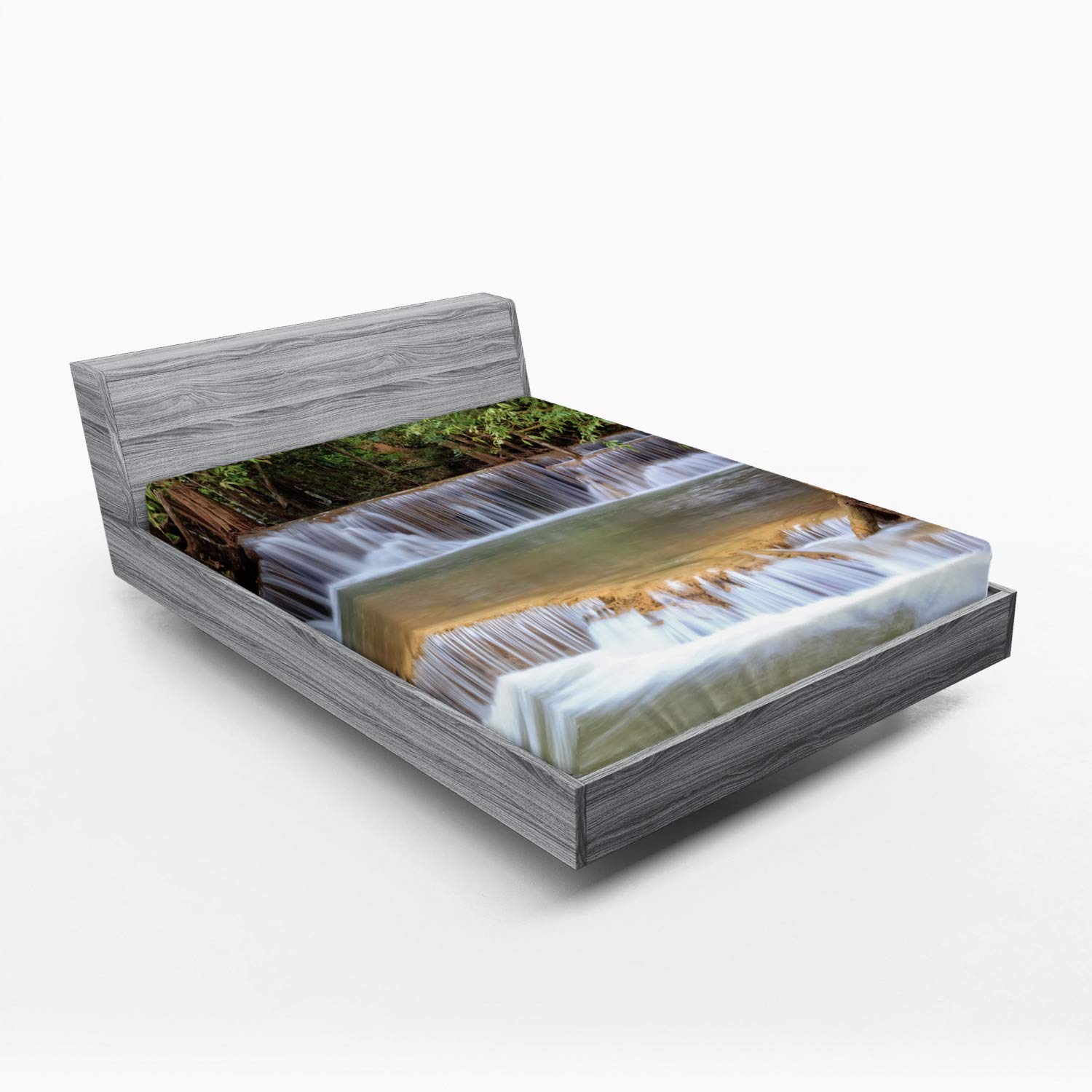 Ambesonne Rainforest Fitted Sheet - Queen Size Deep Pocket Bedding with All-Around Elastic, Green Brown Grey Exotic Waterfall Design | Perfect for Jungle-Themed Bedrooms, Vacation Homes & Nature Lover's Decor