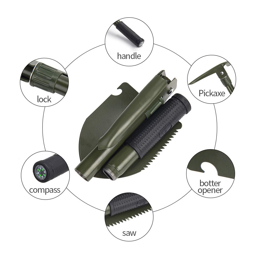 Military Camping Shovel - Portable Folding Shovel with Metal Handle & Carrying Pouch, Survival Gear Entrenching Tool for Gardening, Camping, Trekking, Fishing, Backpacking & Snow Removal (Green) - Perfect for Outdoor Adventures, Emergency Preparedness & Yard Work