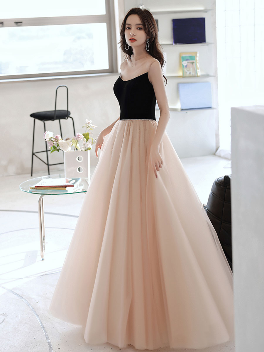 Elegant Champagne Long Prom Dresses with Tulle Skirt - Formal Evening Gowns for Homecoming, Ball & Special Occasions