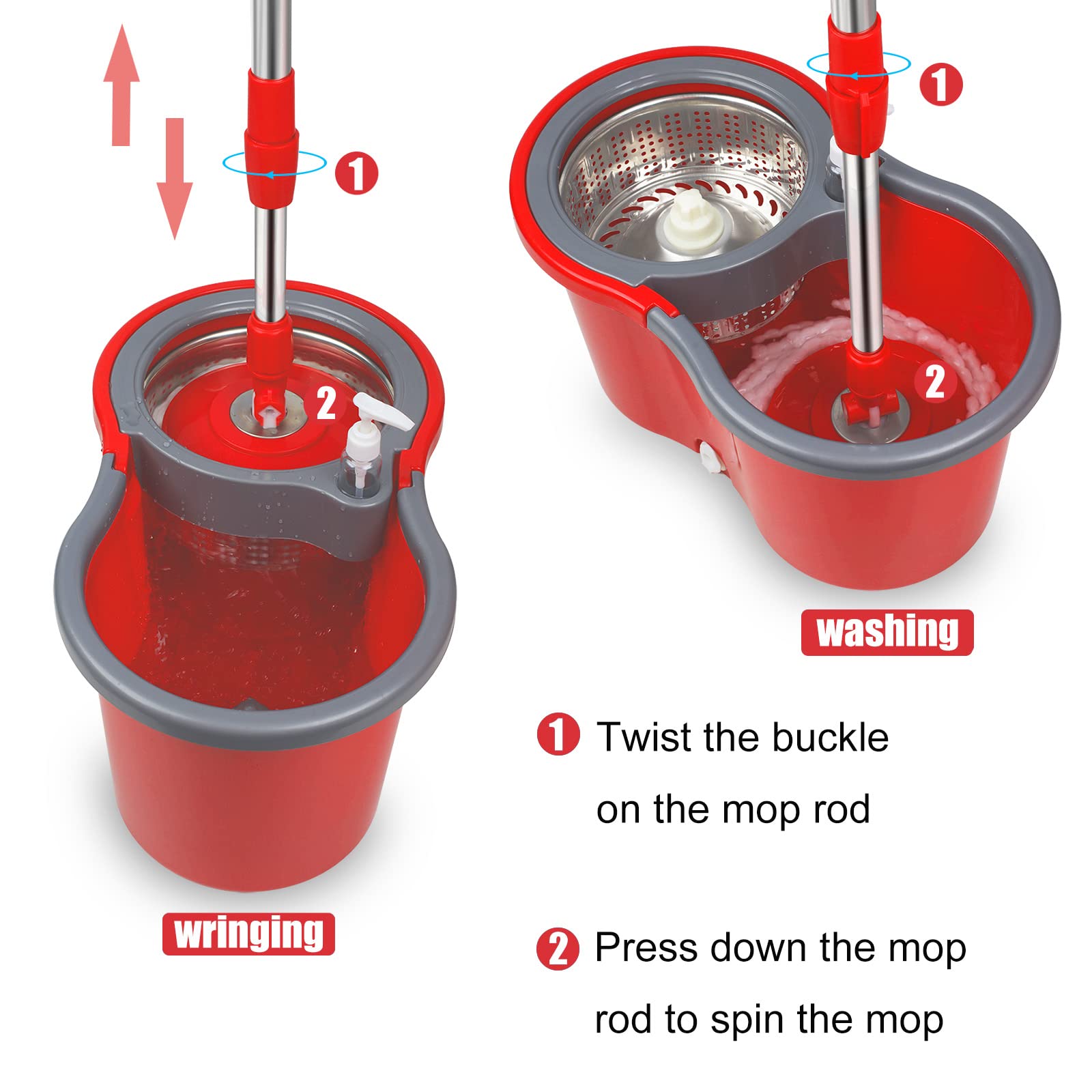 360 Spin Mop and Bucket Set with Wringer - 3 Microfiber Replacement Mop Heads for Floor Cleaning - Easy Squeeze Mop Bucket System (Red) - Perfect for Hardwood, Tile & Laminate Floors in Homes & Offices