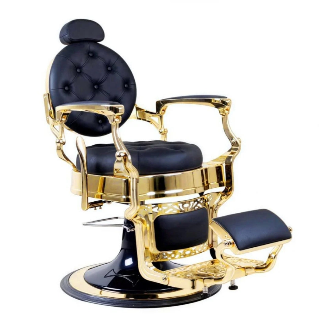Premium Heavy Duty Antique Barber Chair - Gold/Matte Black Salon Styling Chair with Hydraulic Pump | Model 121951A | Professional Haircut & Shave Station for Barber Shops & Salons