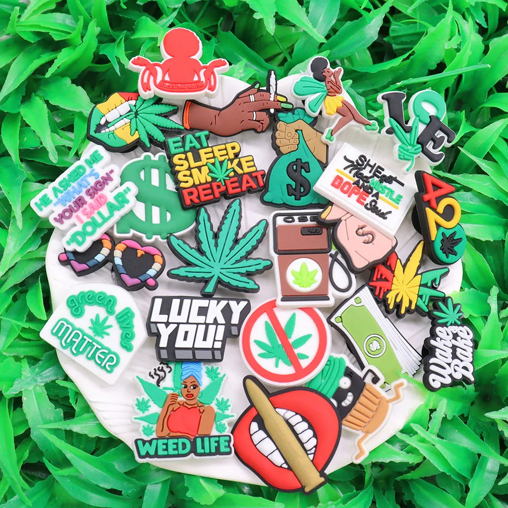 24Pcs PVC Shoe Charms for Clogs & Slippers - Tanker, Weed Life, Hand, Woman, Love Lips, Money & Coffee Designs - Fun Shoe Accessories for Women & Girls - Perfect for DIY Decor, Parties & Gifts