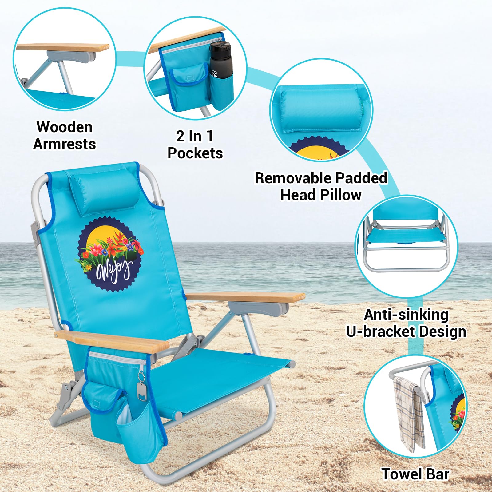 WEJOY 4-Position Adjustable Beach Chair for Adults - Portable Backpack Folding Chair with Wooden Armrest, Lightweight Aluminum Frame & Back Pocket - Perfect for Beach, Pool, Camping, Patio & Backyard Relaxation (Blue)