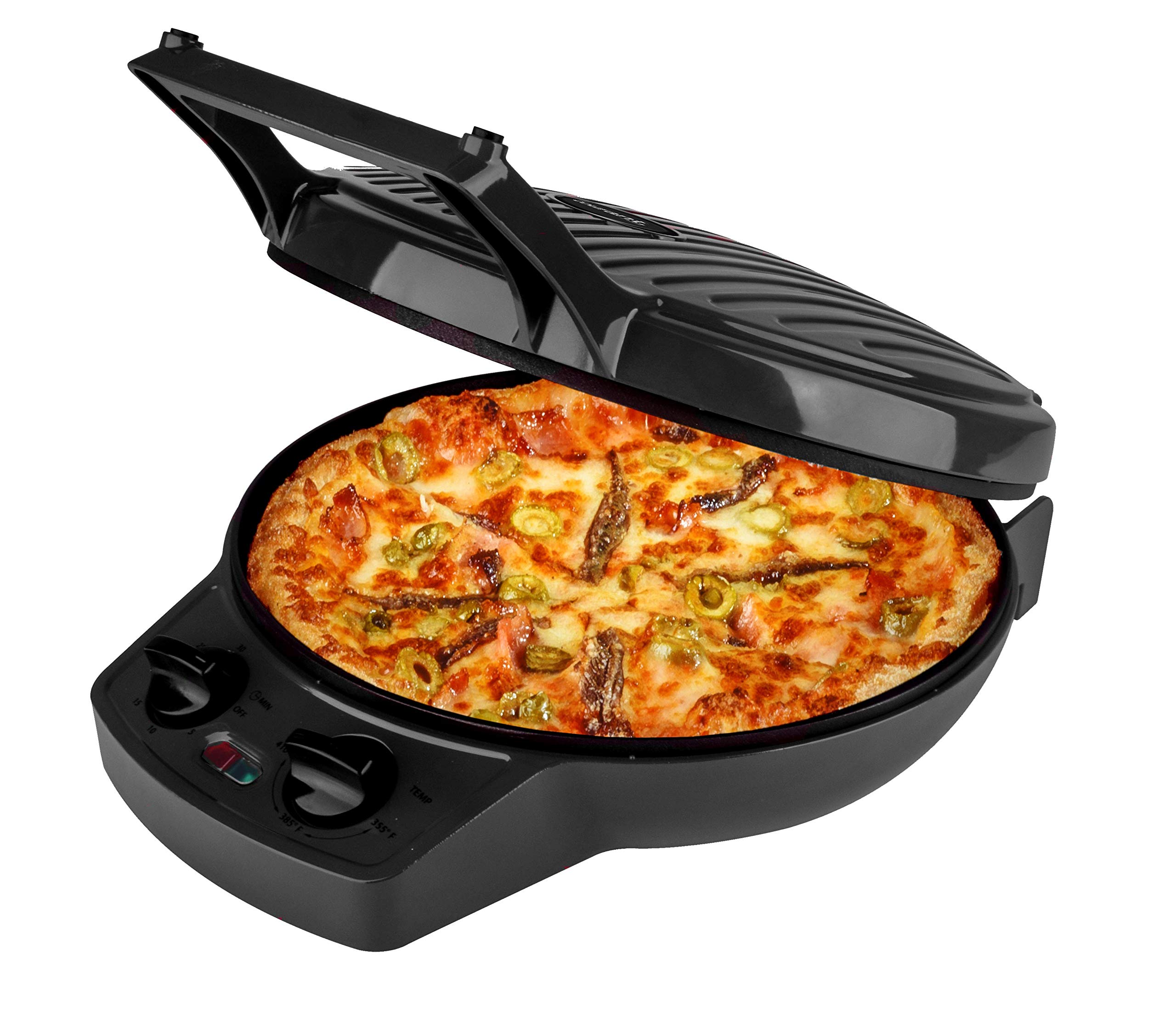12 Inch Courant Pizza Maker & Calzone Maker with Timer & Temperature Control - 1440W Electric Pizza Oven & Indoor Grill for Home Kitchen - Perfect for Family Pizza Nights, Party Snacks & Quick Weeknight Dinners (Black)