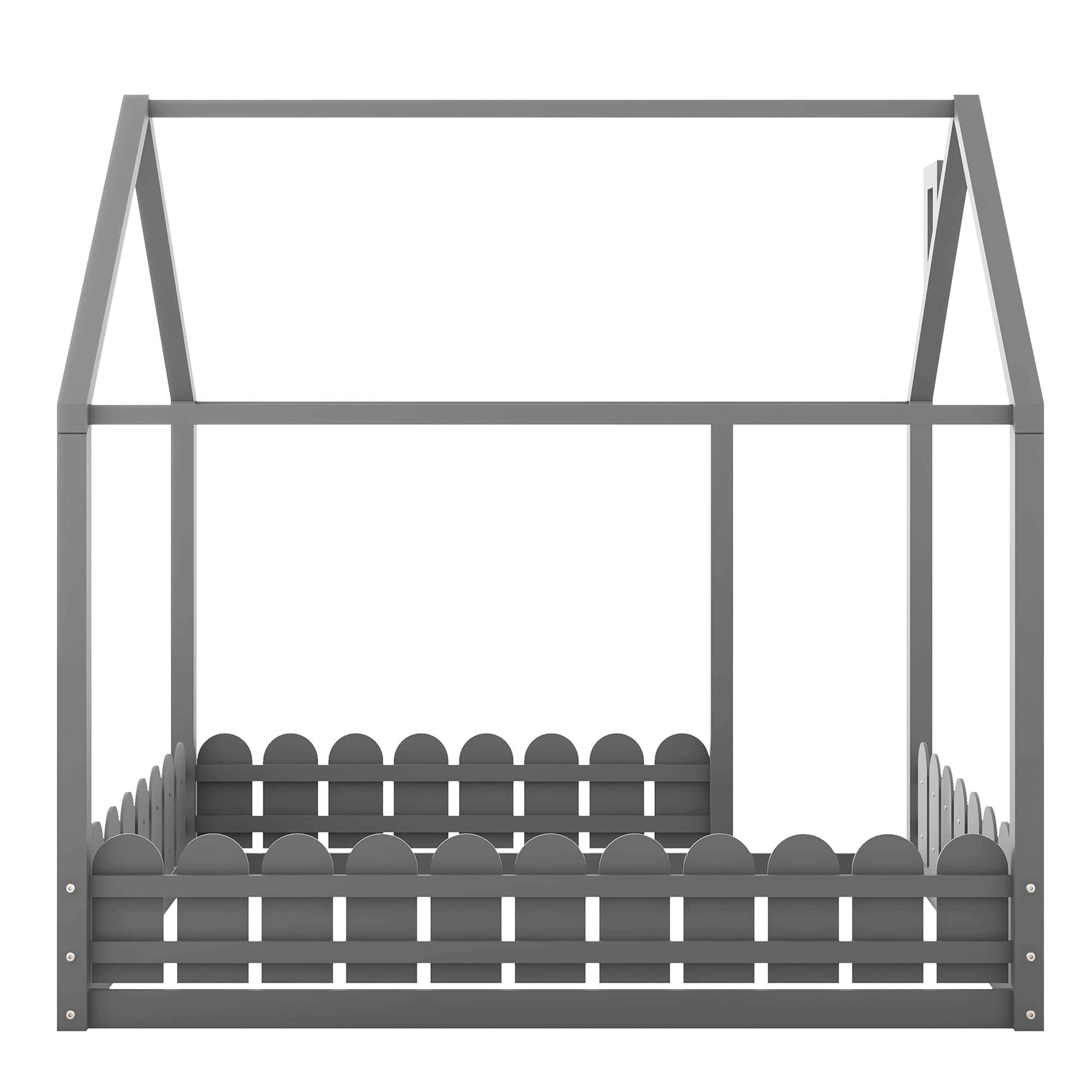 P PURLOVE Full Wood House Bed Frame with Fence-Style Guardrails for Kids & Teens - Gray (Slats Not Included) - Perfect for Nursery, Bedroom & Kids Room Decor