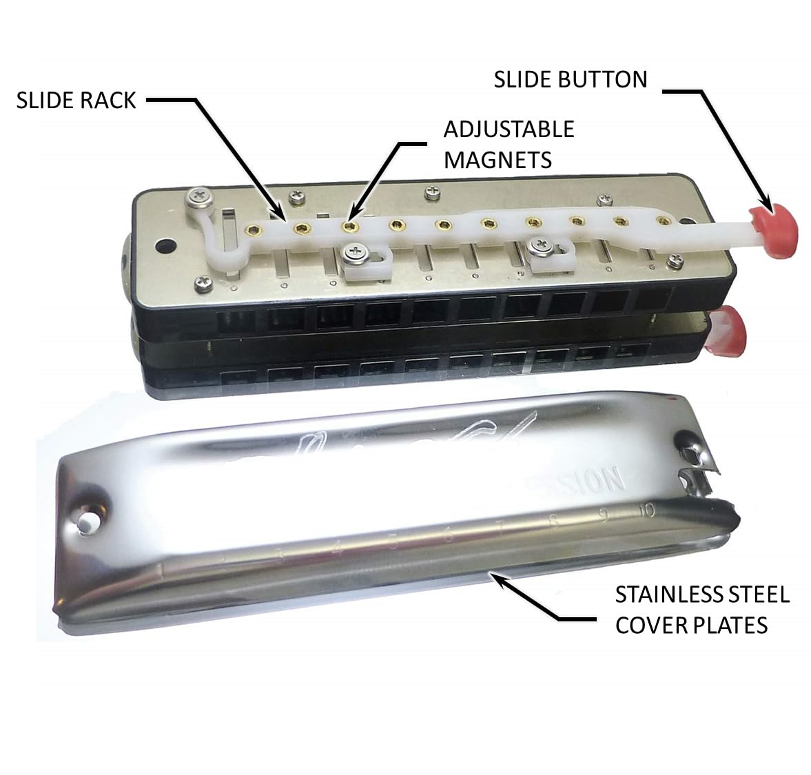 TurboSlide Custom Session Steel Harmonica with Magnetic Slide Whammy Bar - Key of A Flat, Red Translucent Comb | Professional Blues & Rock Harmonica for Live Performances & Studio Recording