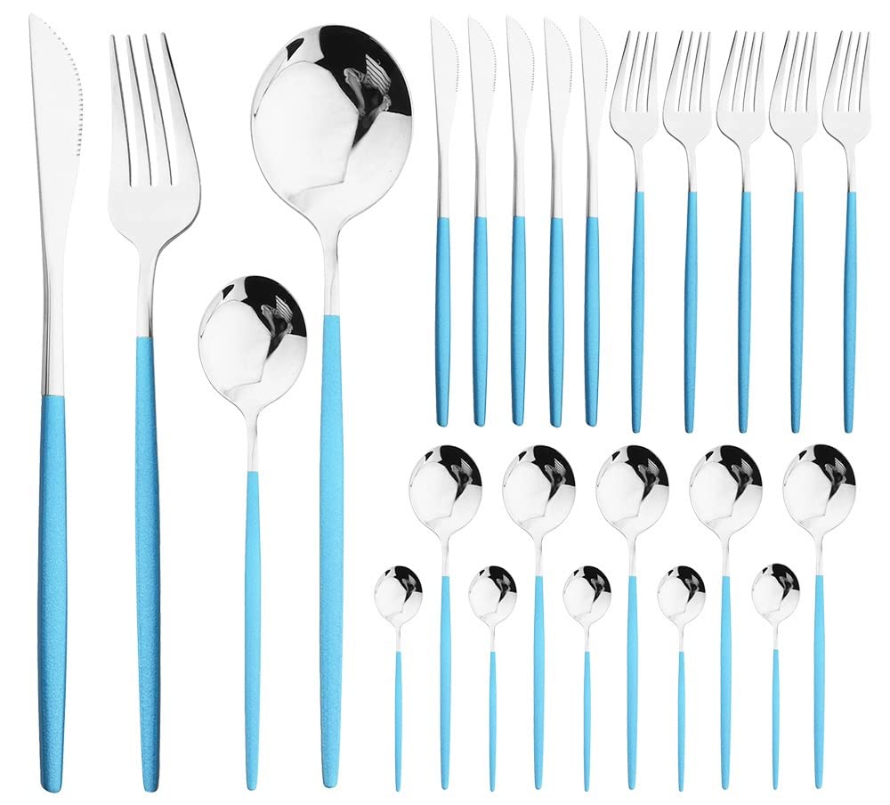 24-Piece Stainless Steel Silverware Flatware Set - Knife, Fork & Spoon Cutlery for Dinner, Kitchen & Wedding (Blue Silver) | Durable Tableware for Everyday Use, Parties & Special Occasions