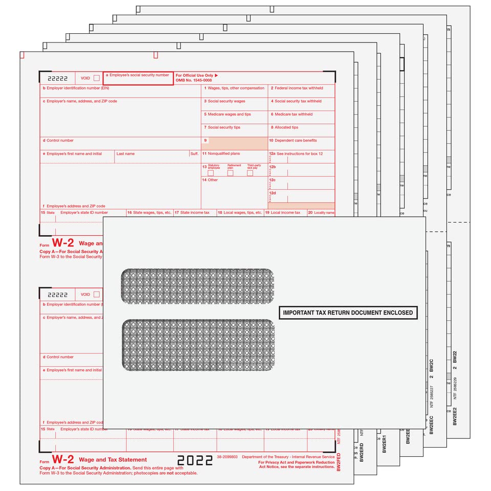 2022 IRS W2 Tax Forms - 6-Part Pre-Printed Laser Forms with Envelopes (100 Sets) - QuickBooks Compatible - Perfect for Small Business Payroll & Year-End Tax Filing