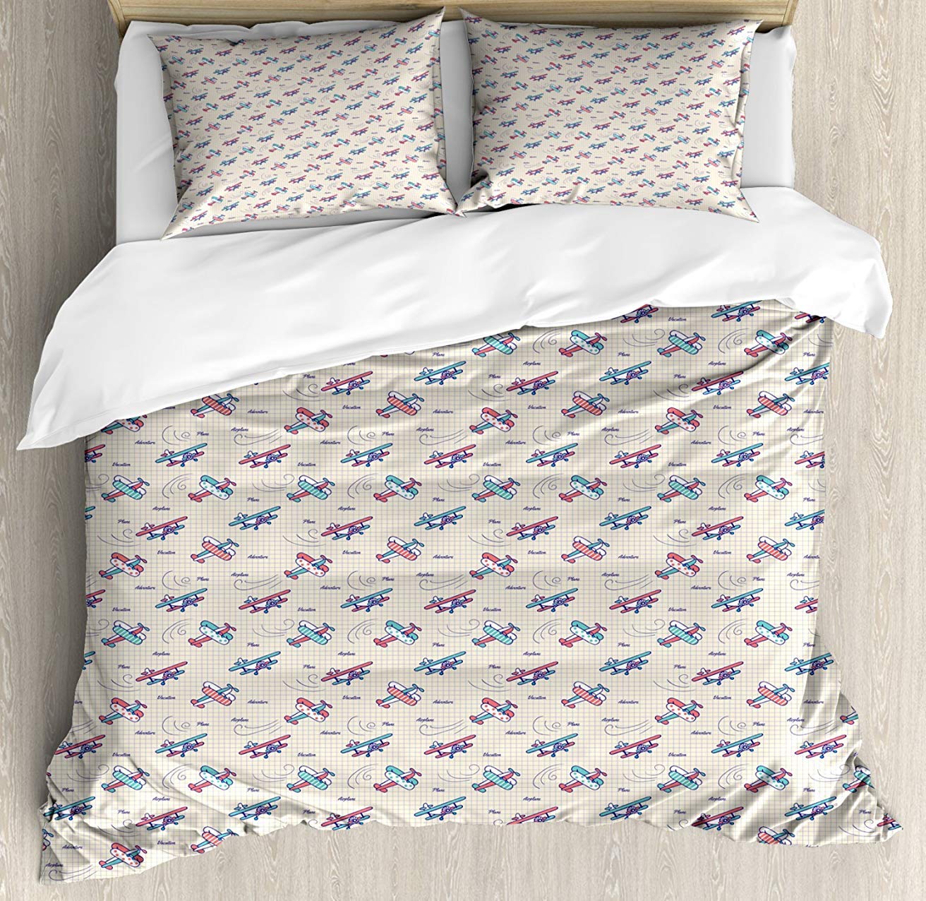 Vintage Airplane 3-Piece Twin Bedding Set - Soft Comforter Duvet Cover with 2 Decorative Pillowcases - Kids Teens Adults Bedspread (Colorful Aircraft Design) - Perfect for Boys Girls Room, Dorm Decor, Aviation Theme Bedroom