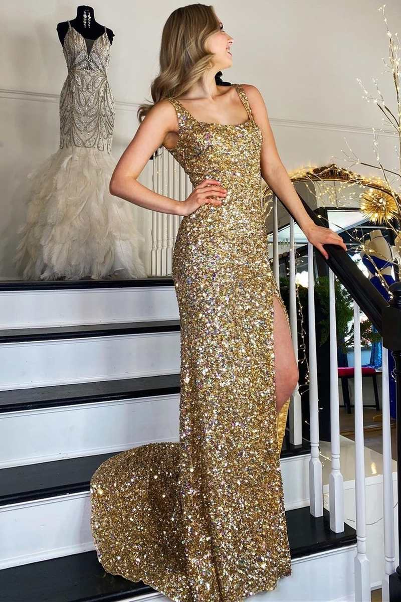 Gold Sequin Square Neck Mermaid Prom Dress - Long Formal Backless Gown with High Slit for Homecoming, Evening Party & Special Occasions