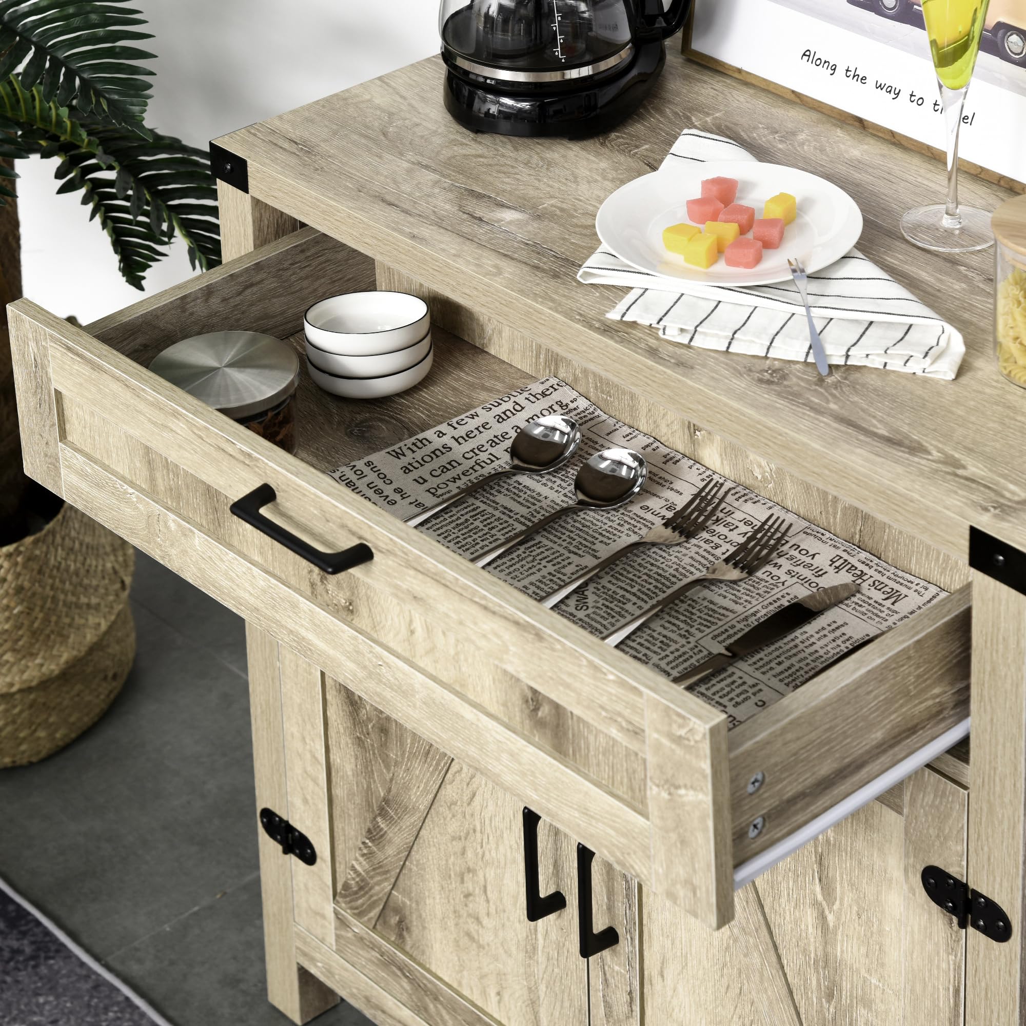 HOMCOM Modern Farmhouse Sideboard Buffet Cabinet with Storage Drawer & 2 Barn Doors - Oak Finish Kitchen Storage & Coffee Bar Cabinet for Dining Room, Living Room, or Entryway Organization