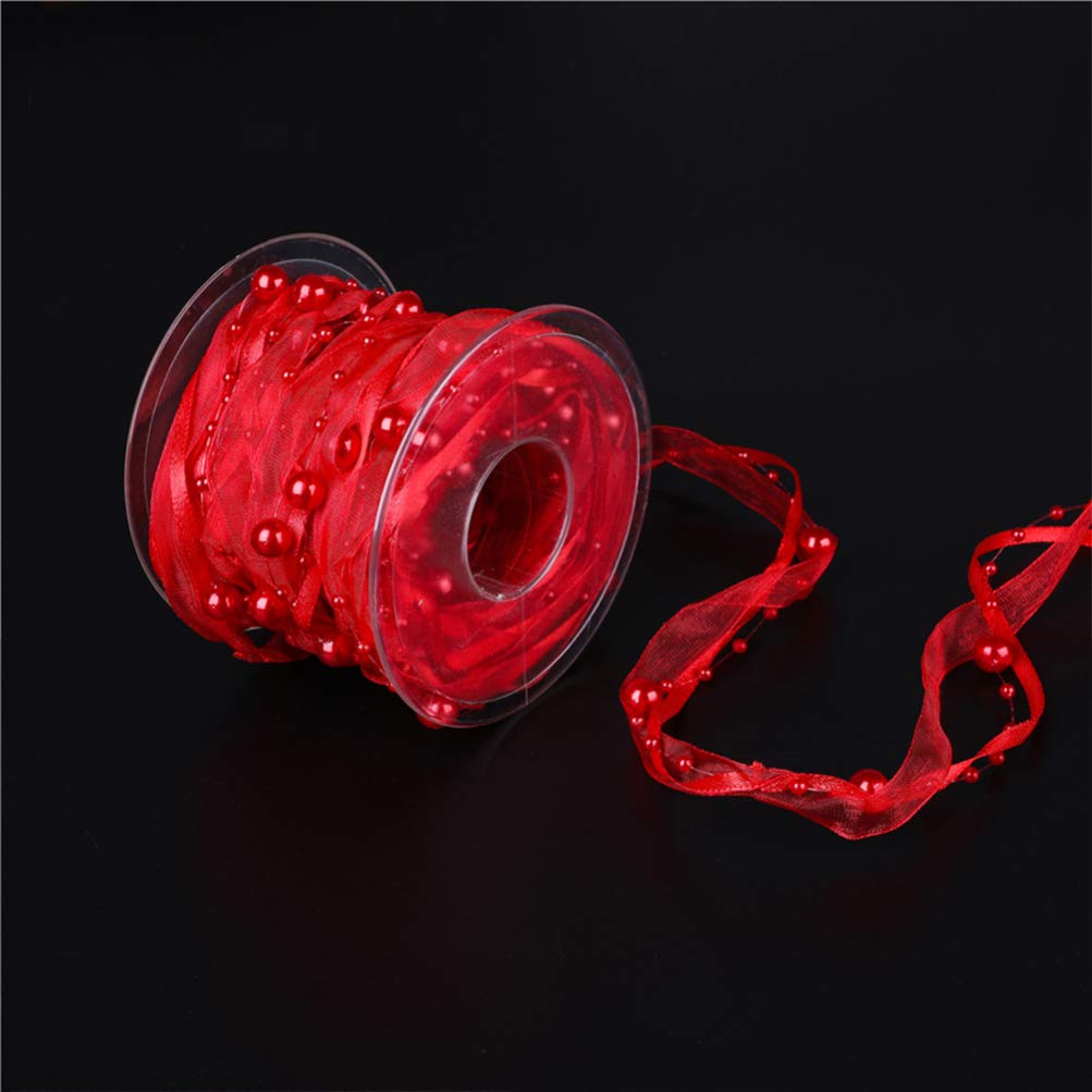 Elegant Red Chiffon Ribbon with Pearl Beads for Wedding Bouquets, Floral Decor, and Craft Garlands – Perfect for Bridal Party, DIY Crafts, and Home Decorations