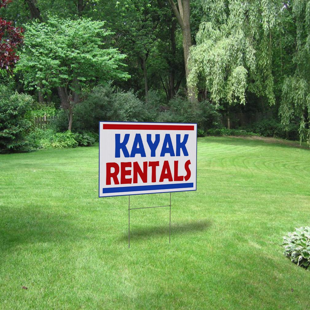 Waterproof Plastic Kayak Rental Yard Sign - 18x12 Inches, Single-Sided Printing - Durable Outdoor Advertising for Kayak Rentals & Sales (Pack of 1) - Perfect for Beaches, Lakeside Rentals & Water Sports Businesses