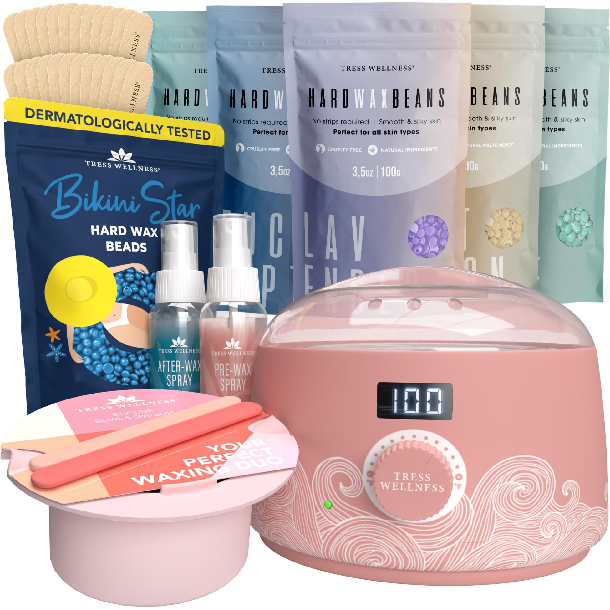 Tress Wellness Waxing Kit with Silicone Bowl - Professional Bikini Wax for Smooth Skin at Home | DIY Hair Removal for Women, Legs & Face