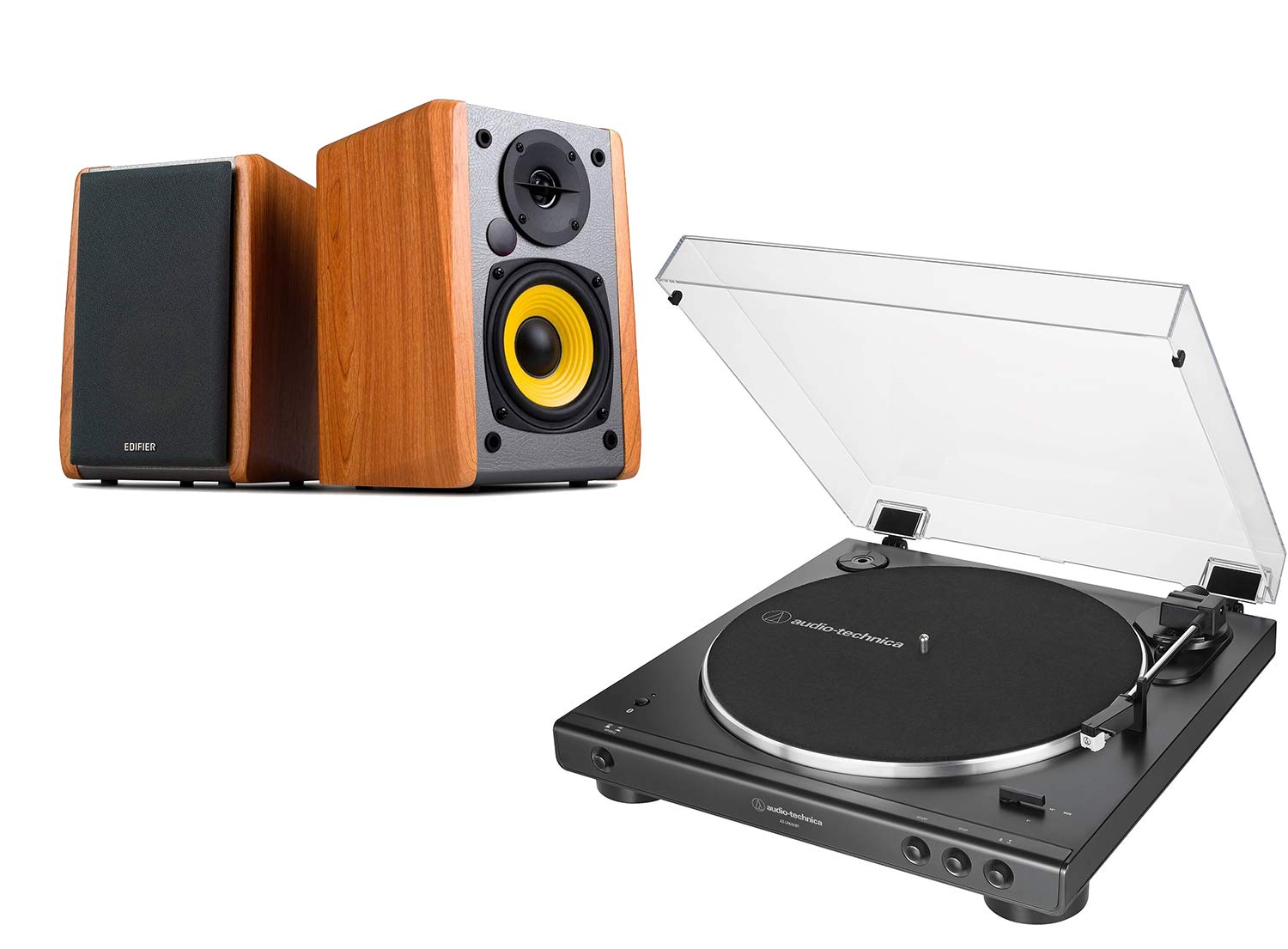Audio-Technica AT-LP60XBT Wireless Bluetooth Turntable with Edifier R1010BT Bookshelf Speakers - Premium Vinyl Record Player & Speaker Bundle for Home Entertainment, Music Lovers & Audiophiles - Perfect for Living Rooms, Bedrooms & Home Offices (Bluetooth, Maple Finish)